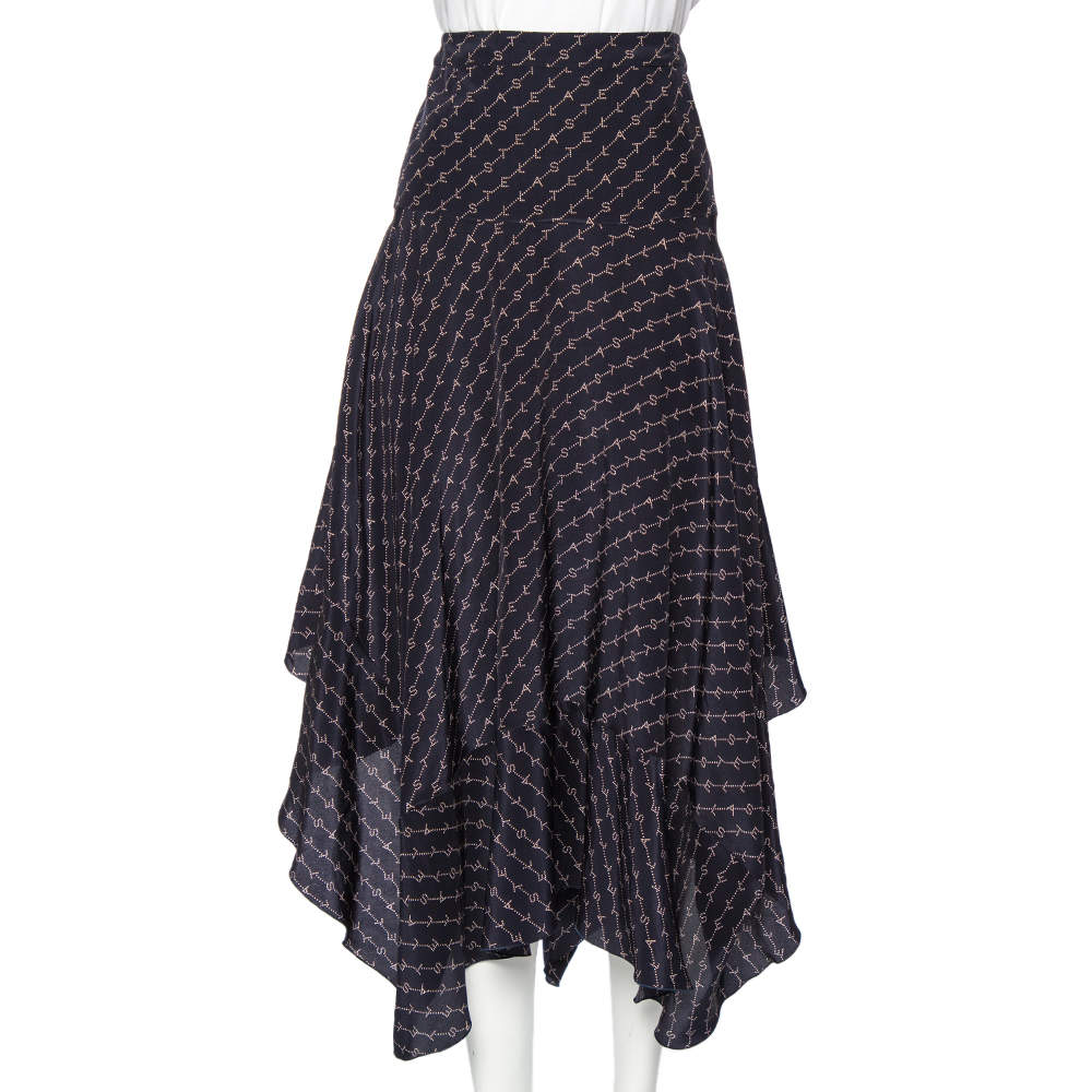 Pre Owned Stella McCartney Navy Blue Printed Silk Asymmetrical Midi Skirt M 