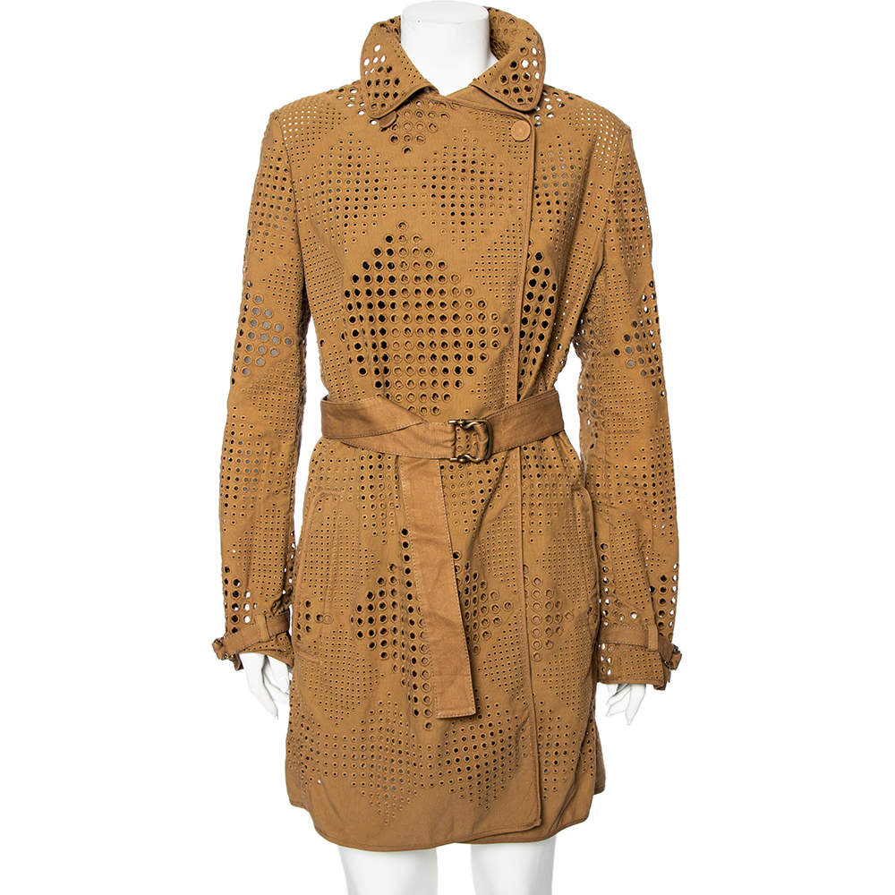 Pre Owned Stella McCartney Brown Eyelet Embroidered Cotton Belted Trench Coat M
