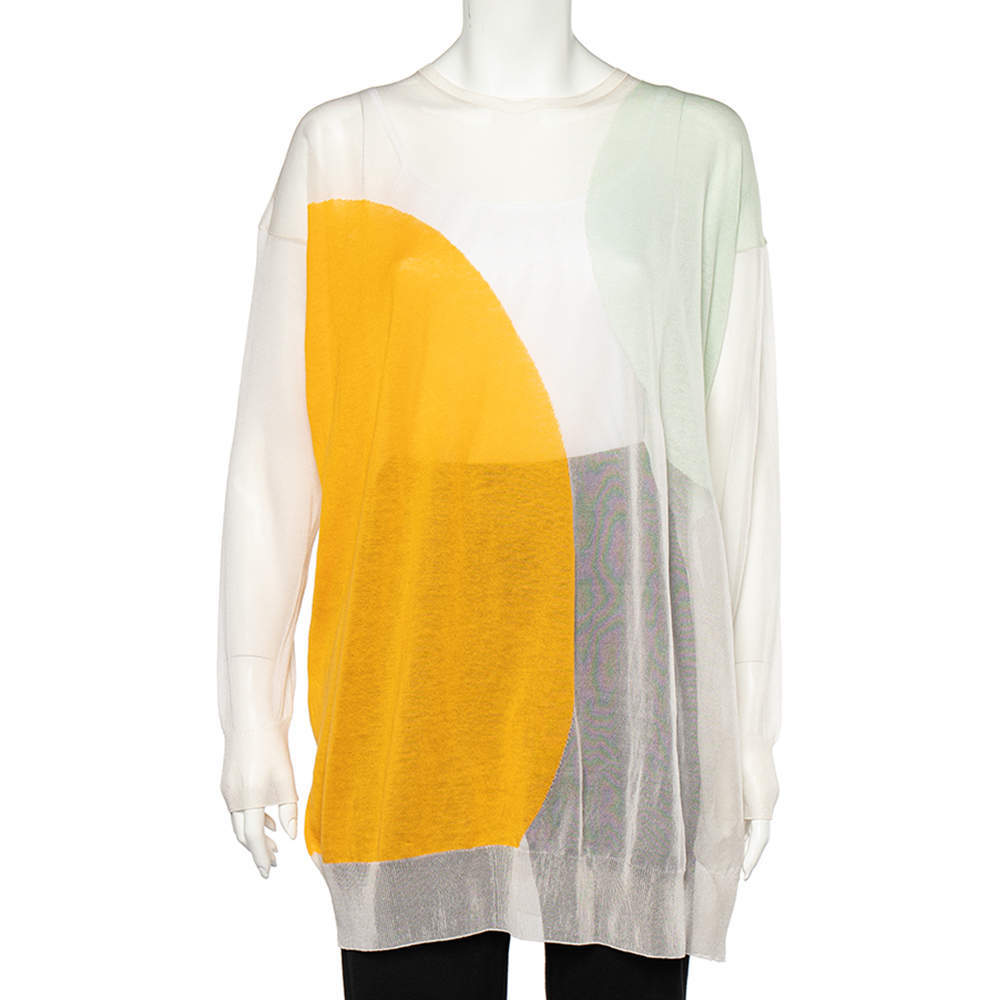 Pre Owned Stella McCartney Multicolor Silk And Cotton Patterned Knit Sheer Detail Top M