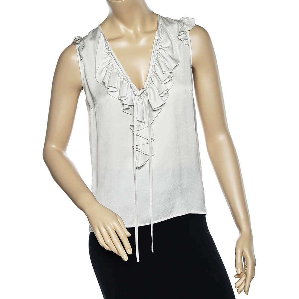 Stella McCartney Off White Silk Satin Ruffled Neck Top XS