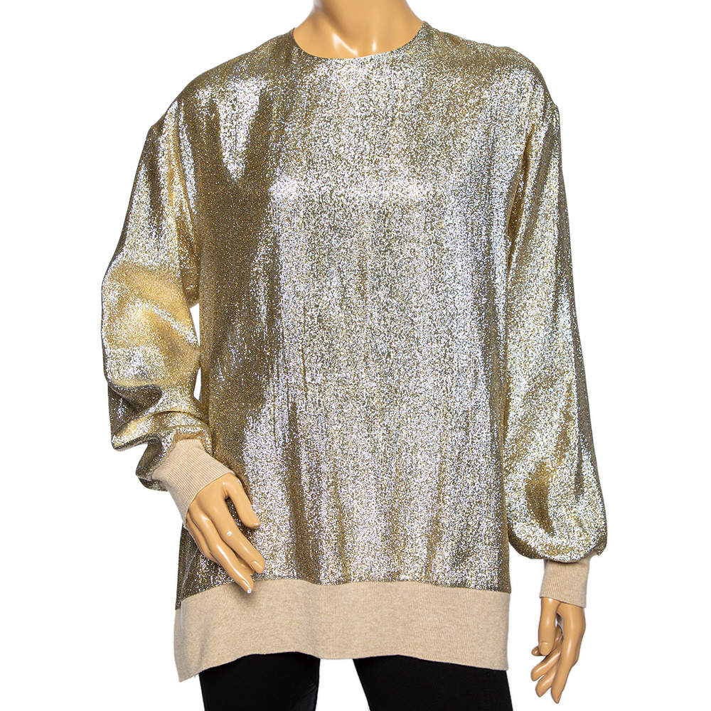 Pre Owned Stella McCartney Metallic Silk & Wool Trimmed Top S