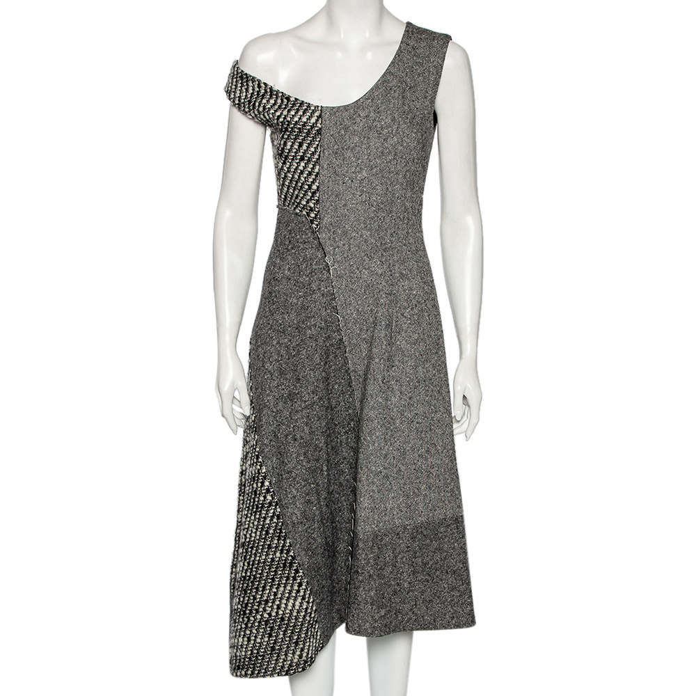 Pre Owned Stella McCartney Monochrome Patchwork Wool Knit Midi Dress M