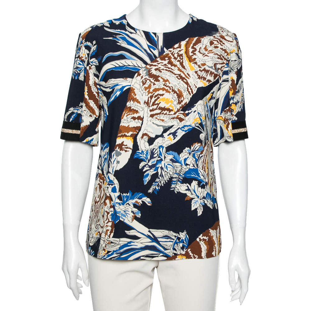 Pre Owned Stella McCartney Navy Blue Stretch Crepe Cat Print Blouse S