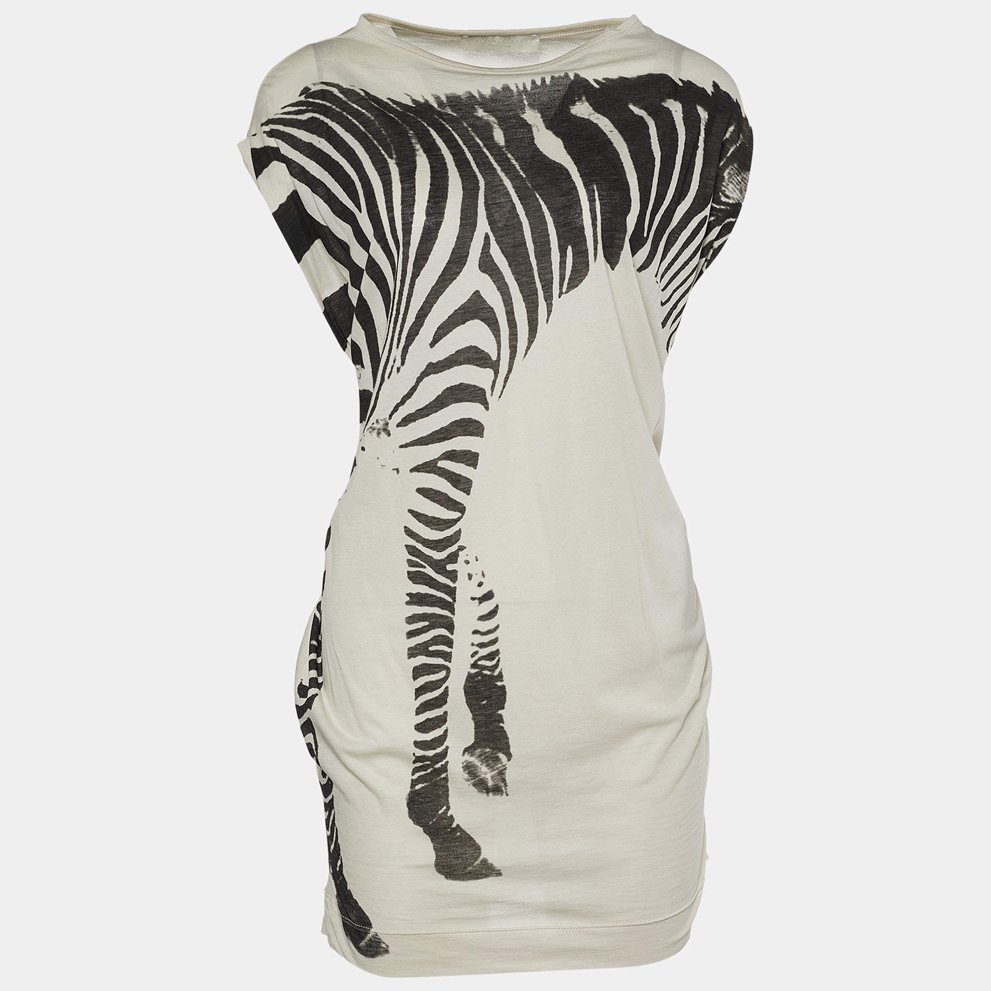 Pre Owned Stella McCartney Ivory Zebra Print Cotton Round Neck Top S