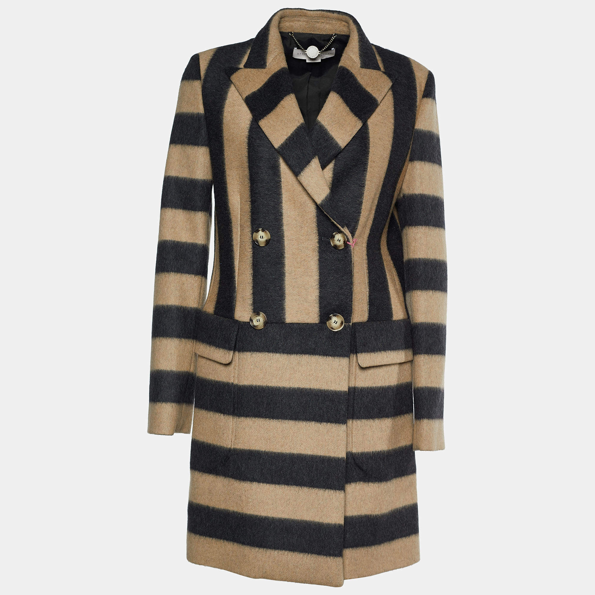 Pre Owned Stella McCartney Brown & Black Striped Wool Double Breasted Coat S