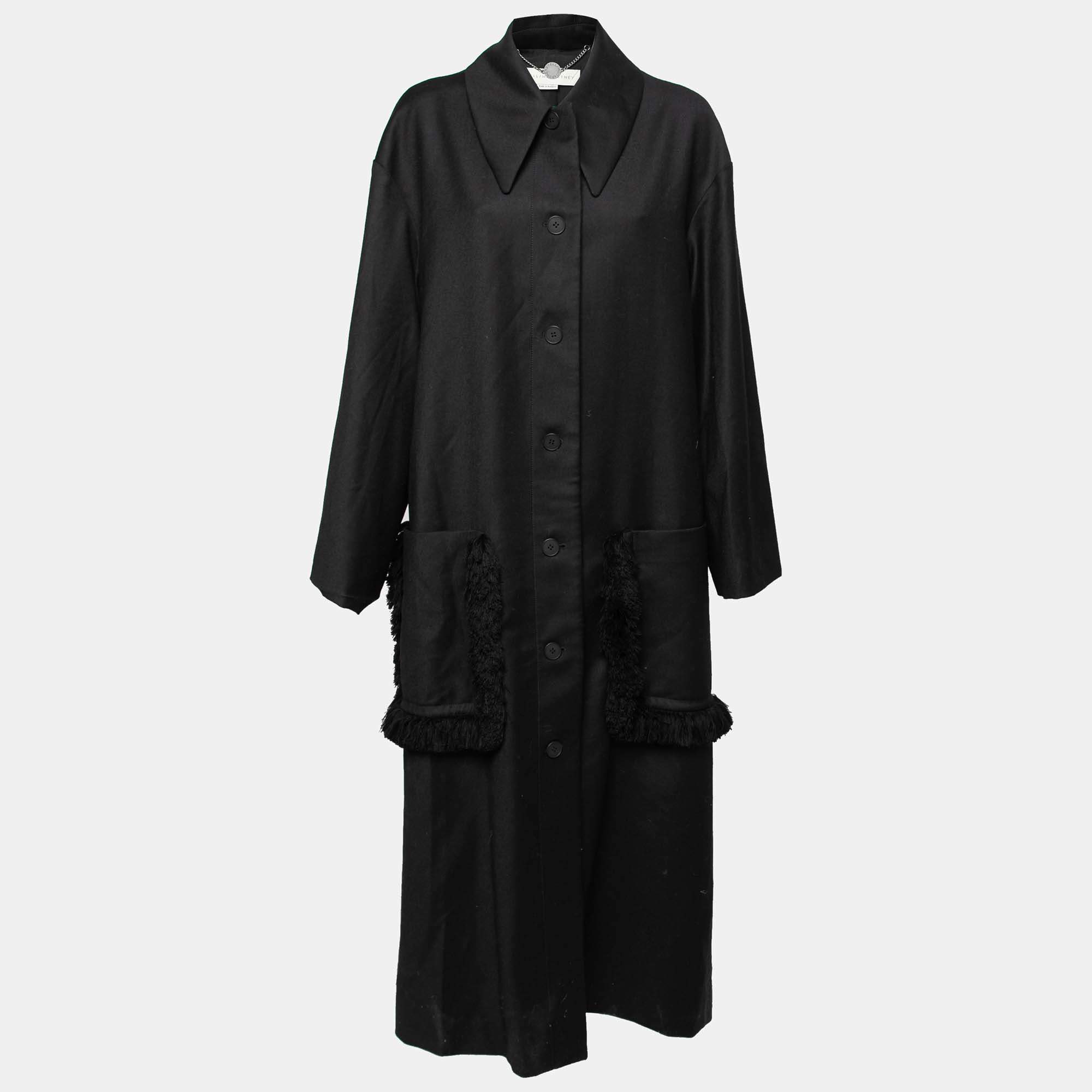Pre Owned Stella McCartney Black Wool Fringe Trim Pockets Long Coat L
