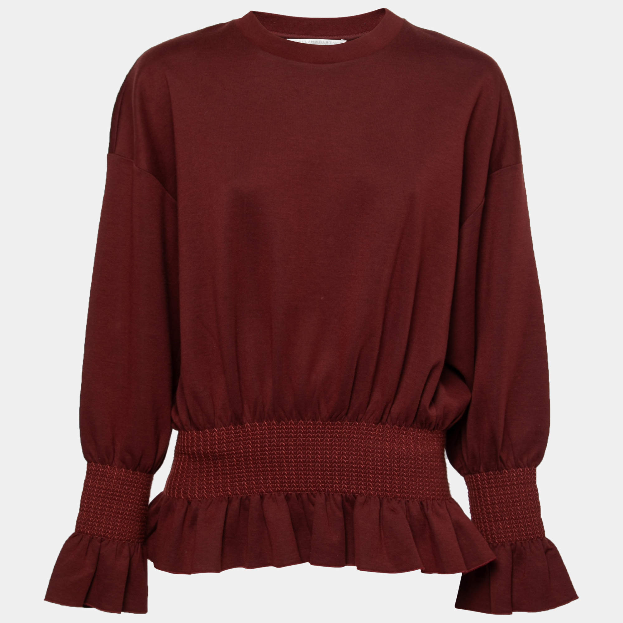 Pre Owned Stella McCartney Burgundy Cotton Knit Smocked Detail Sweatshirt M