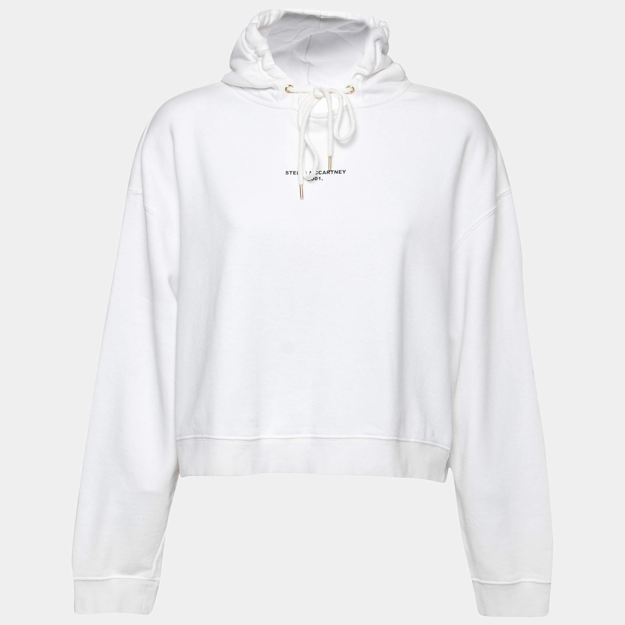 Pre Owned Stella McCartney White Logo Printed Cotton Cropped Hoodie M