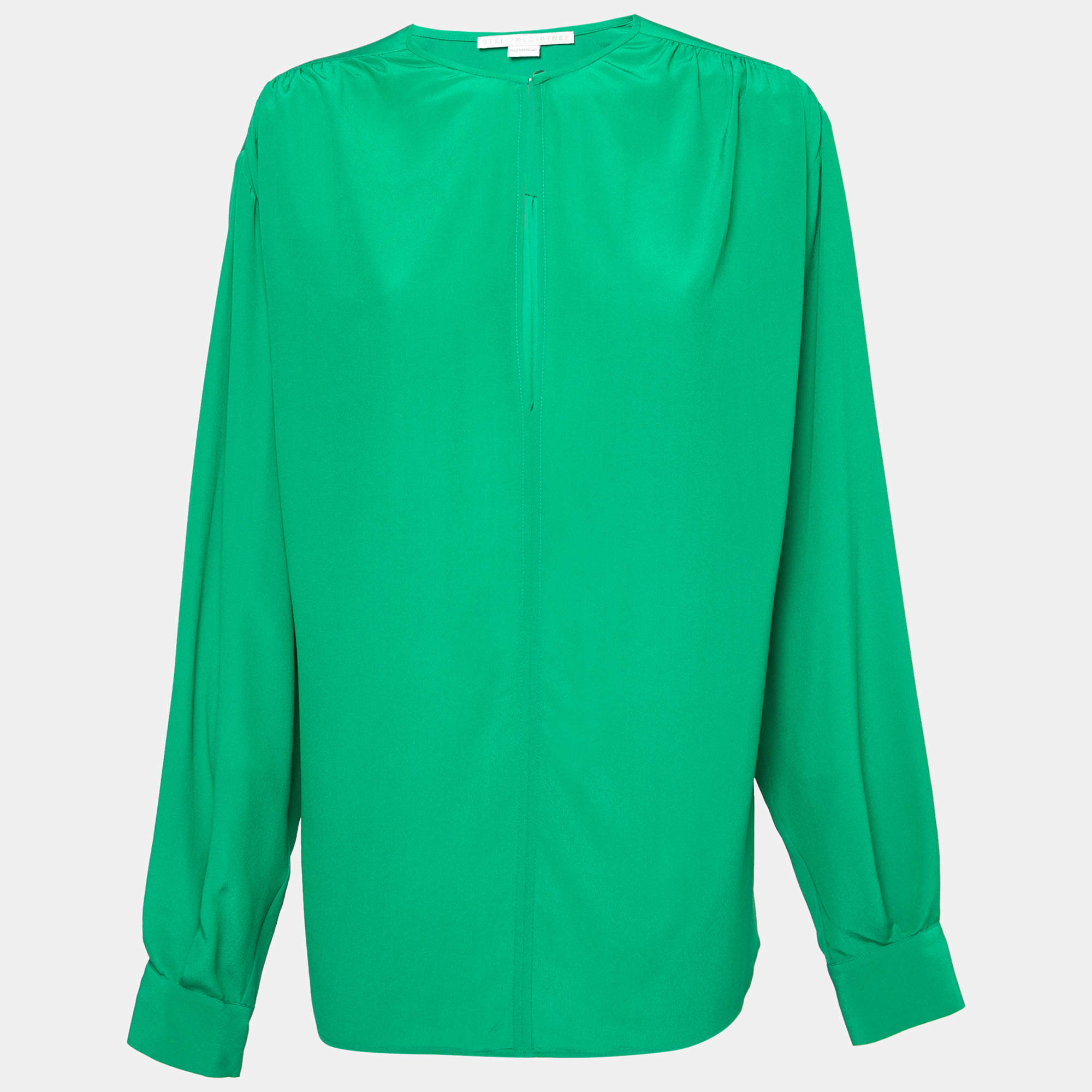 Pre Owned Stella McCartney Green Silk Key-Hole Long-Sleeve Top L