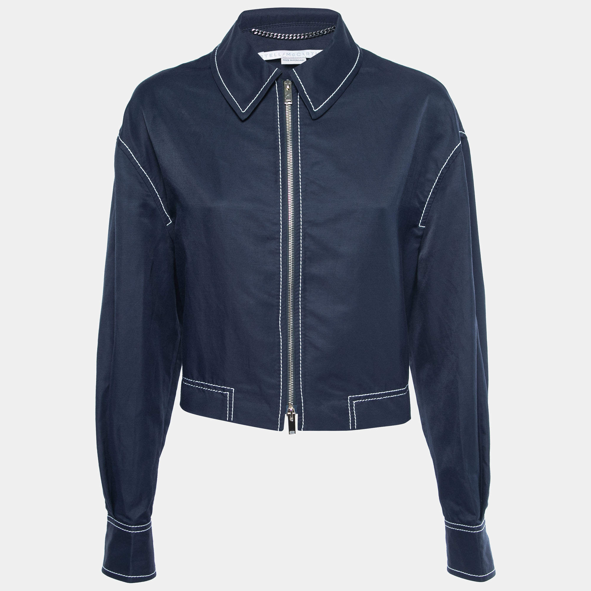 Pre Owned Stella McCartney Navy Blue Cotton & Linen Zip-Front Jacket M