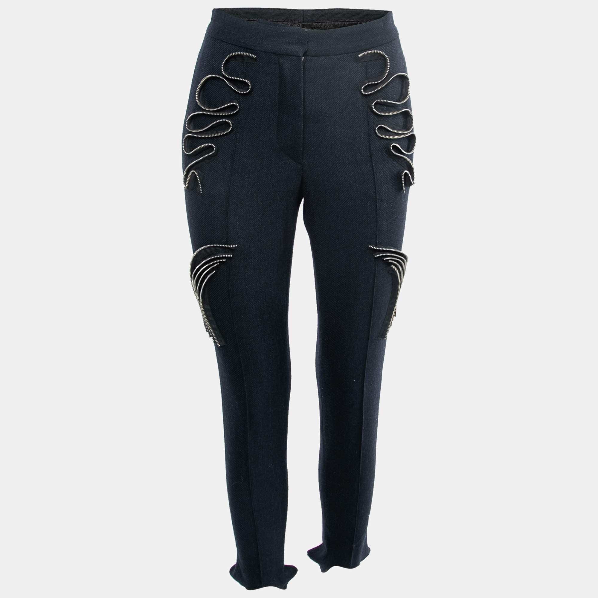 Pre Owned Stella McCartney Navy Blue Striped Wool Ruffle Zip Detail Trousers S