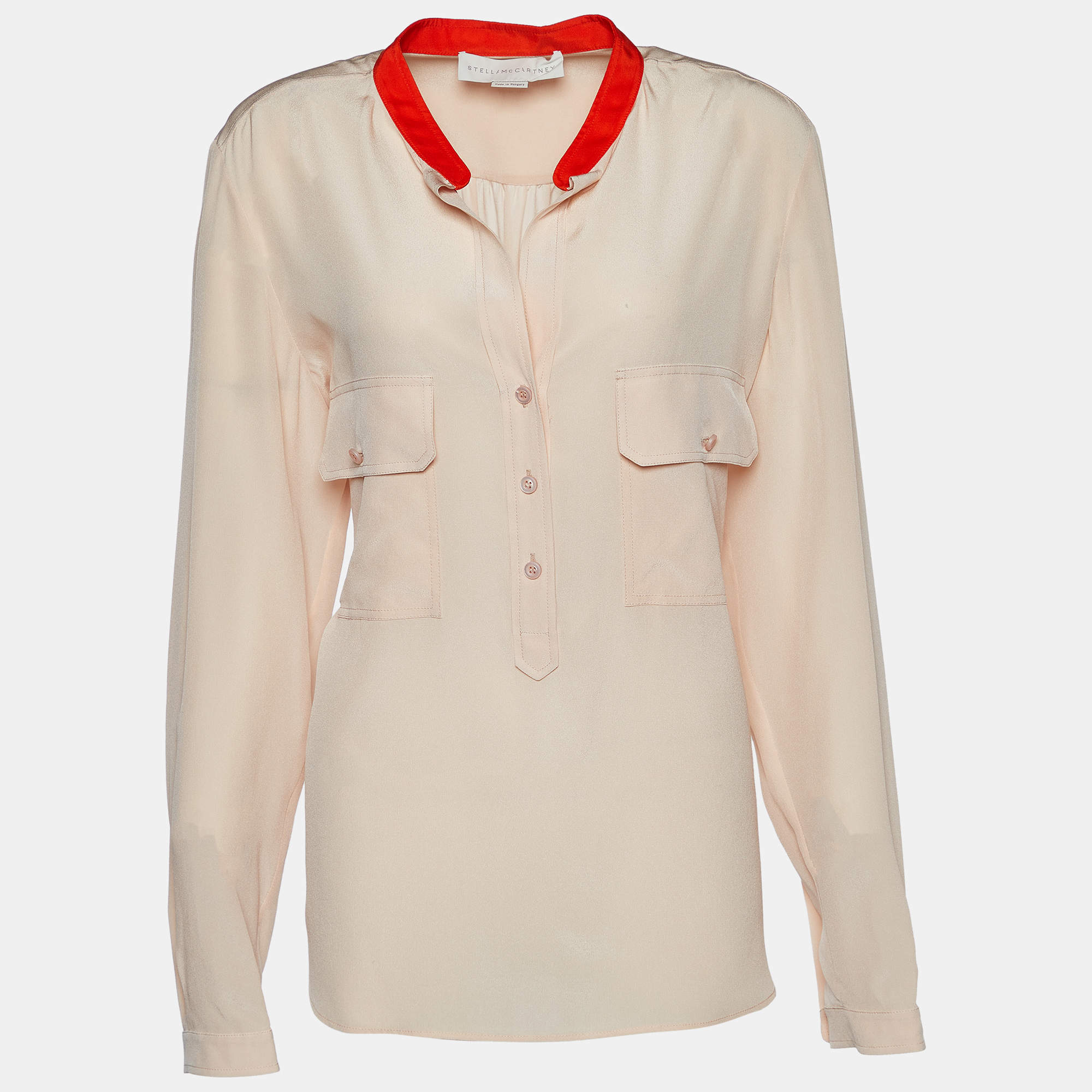 Pre Owned Stella McCartney Pale Pink Silk Crepe Contrast Collar Detail Top M