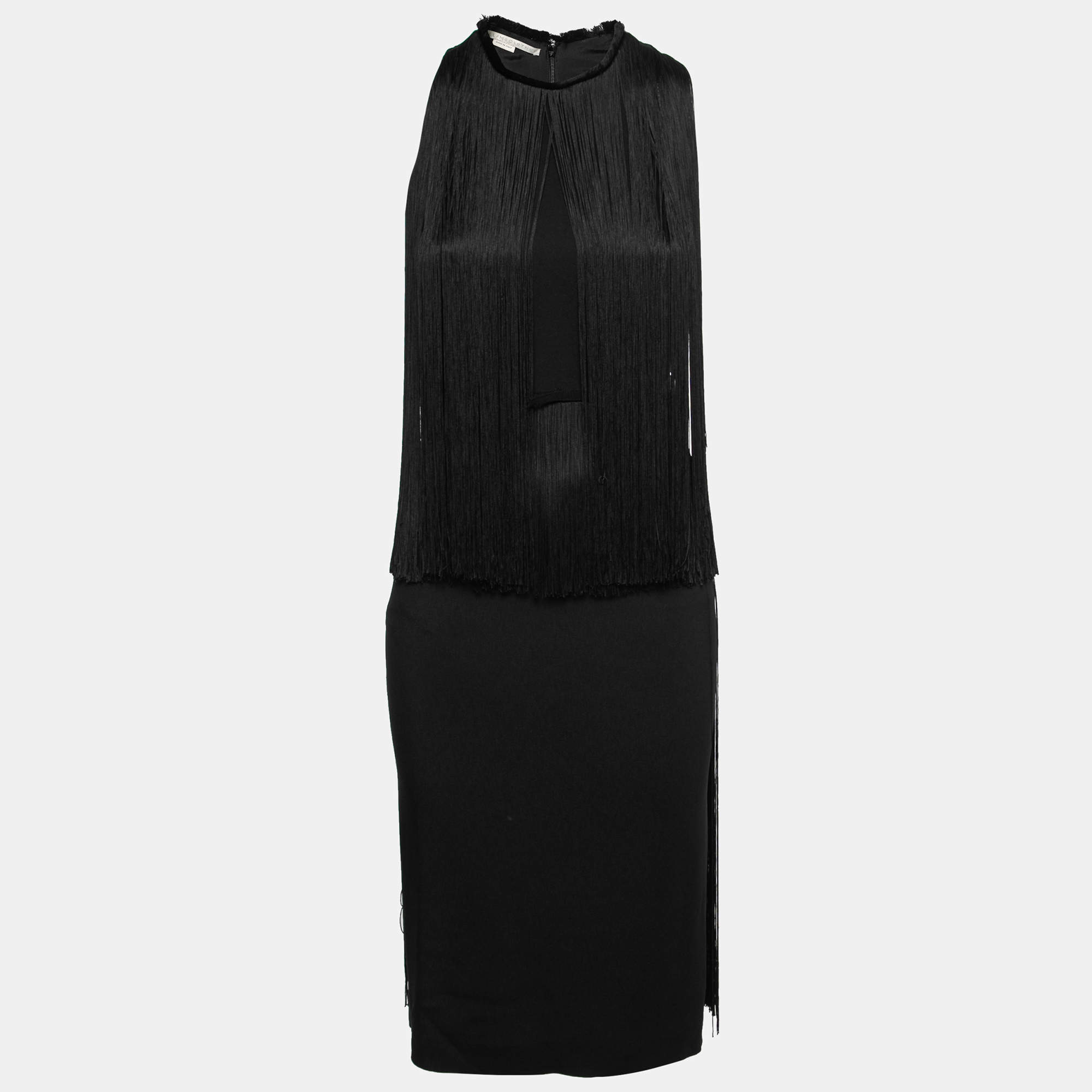 Pre Owned Stella McCartney Black Crepe Fringed Midi Dress XS