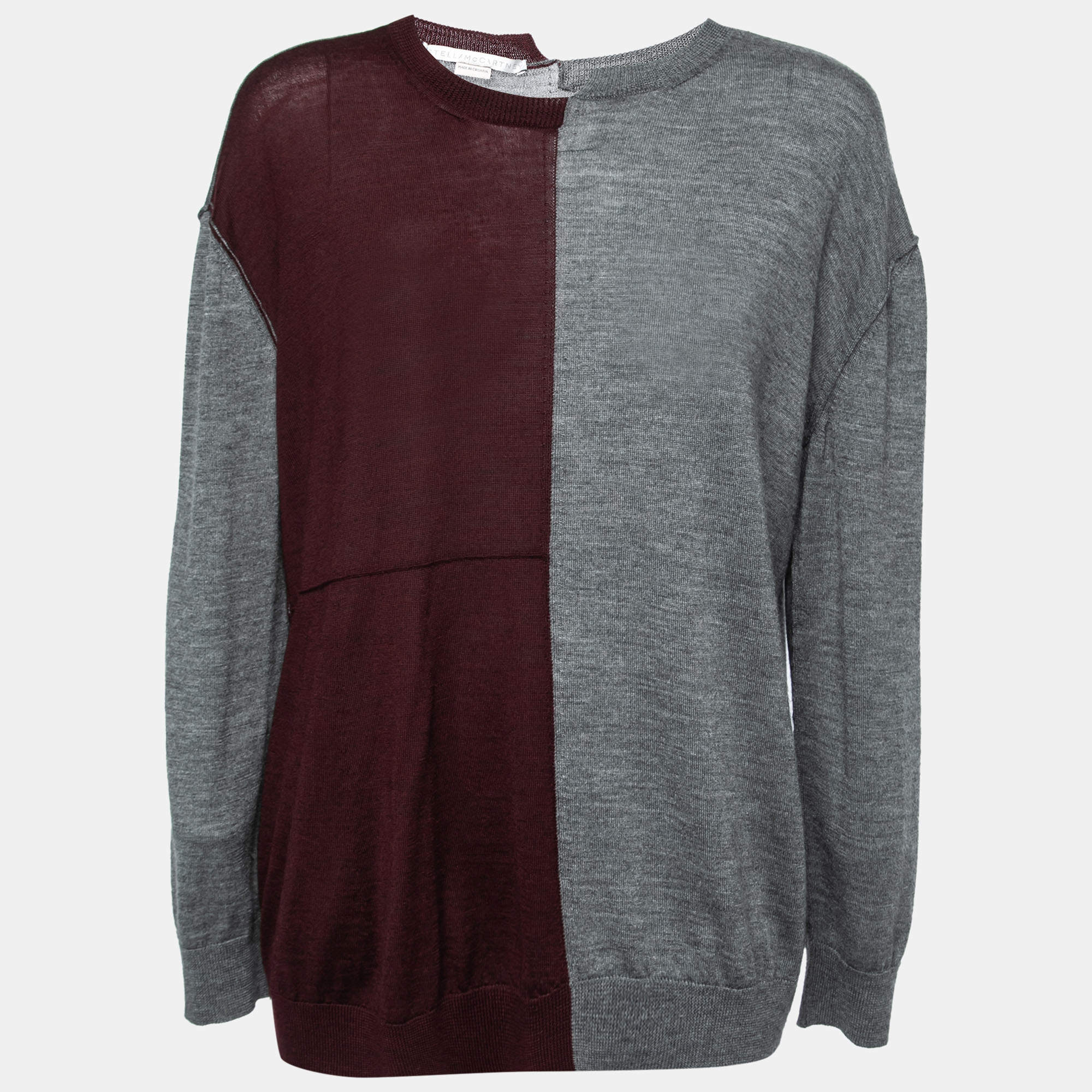 Pre Owned Stella McCartney Grey & Burgundy Paneled Wool Jumper S