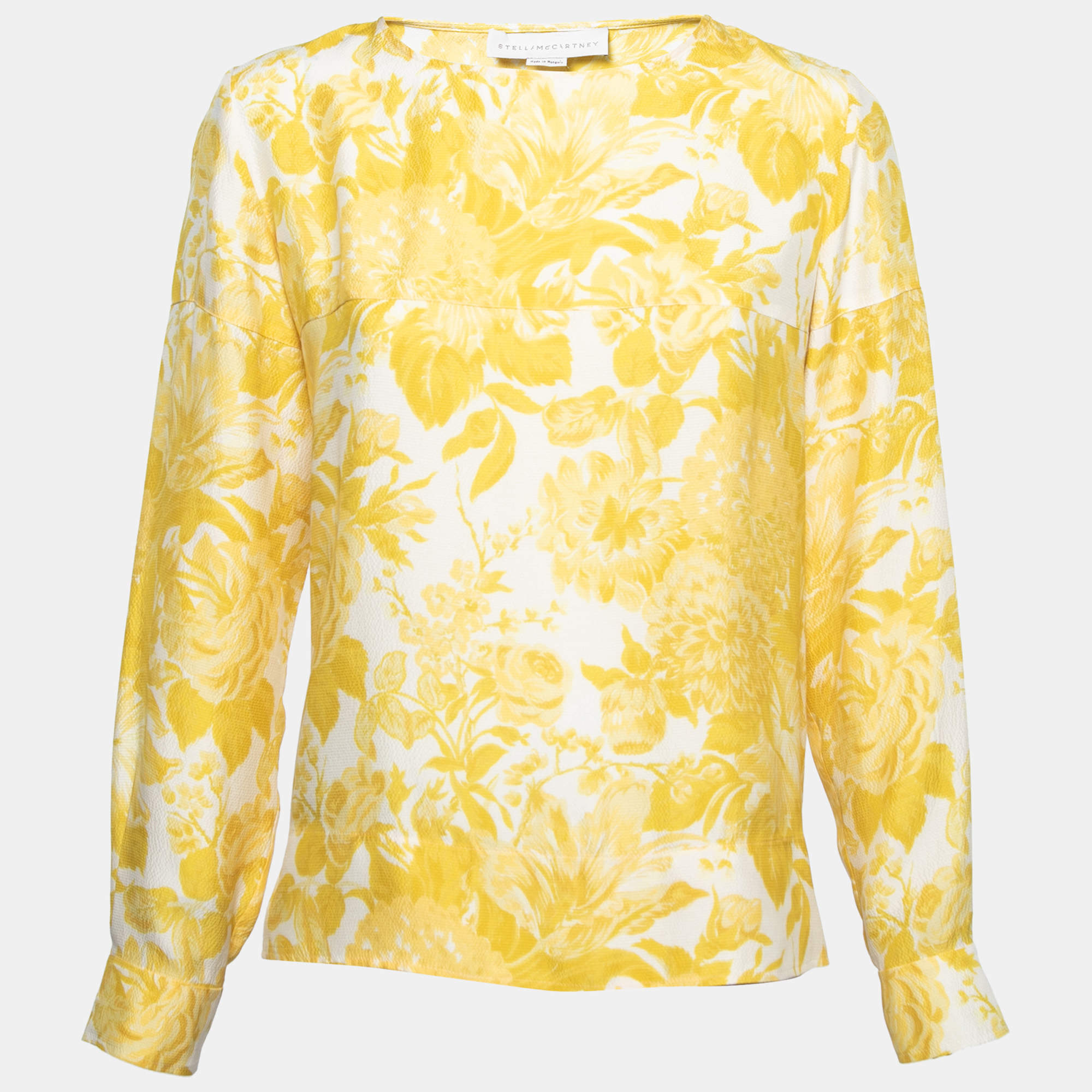 Pre Owned Stella McCartney Yellow Floral Printed Silk Long Sleeve Blouse M
