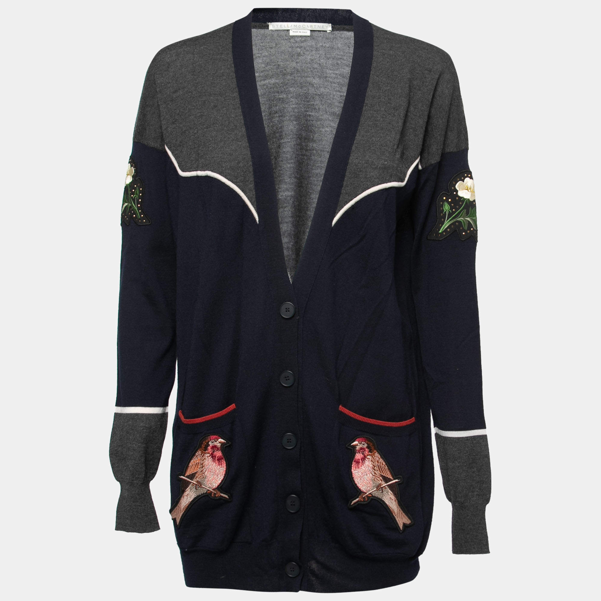 Pre Owned Stella McCartney Navy Blue Wool Embroidered Cardigan M