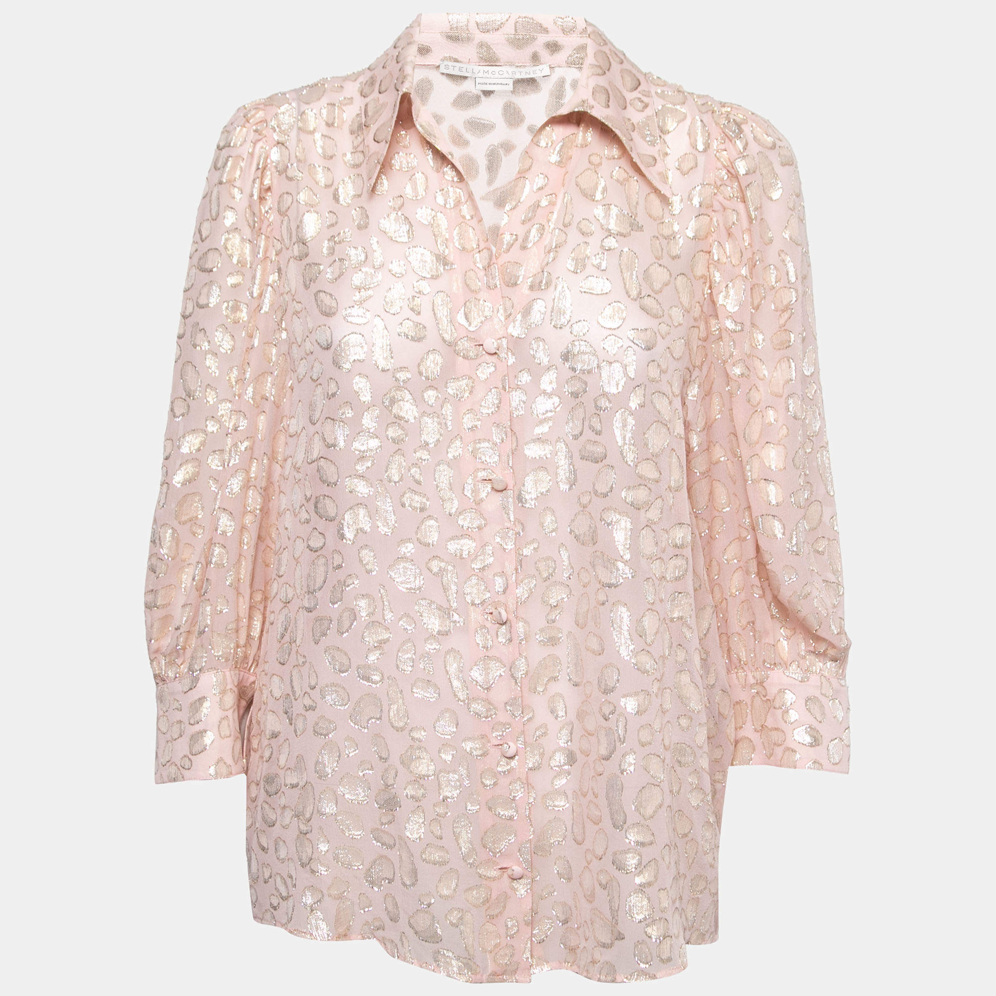 Pre Owned Stella McCartney Blush Pink Lurex Patterned Silk Button Front Blouse M
