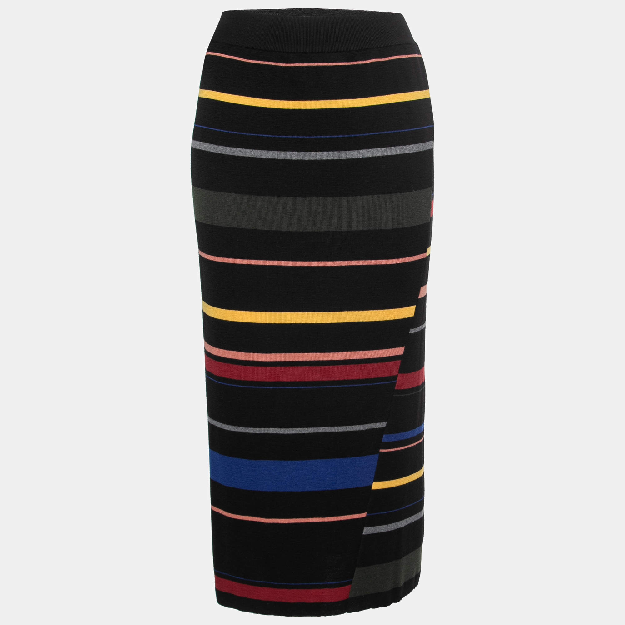 Pre Owned Stella McCartney Black Multicolor Striped Wool Knit Midi Skirt L