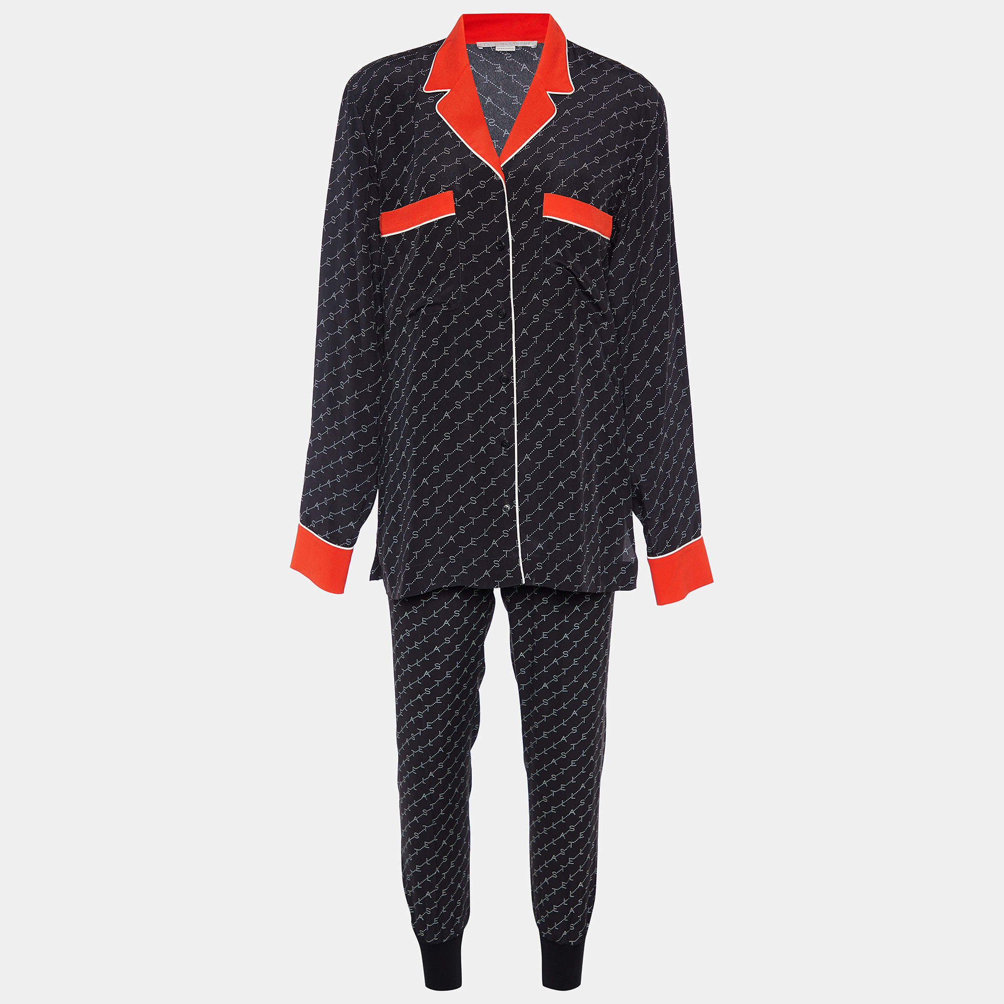 Pre Owned Stella McCartney Black Printed Crepe Contrast Detail Shirt & Joggers Set M