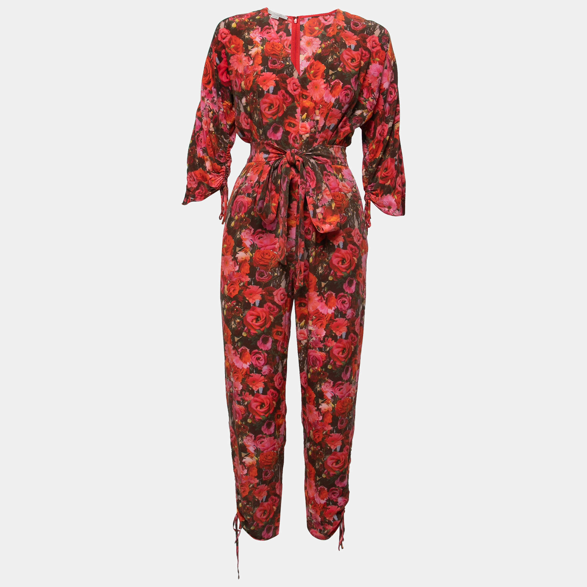 Pre Owned Stella McCartney Red Floral Printed Chiffon Silk Belted Jumpsuit S