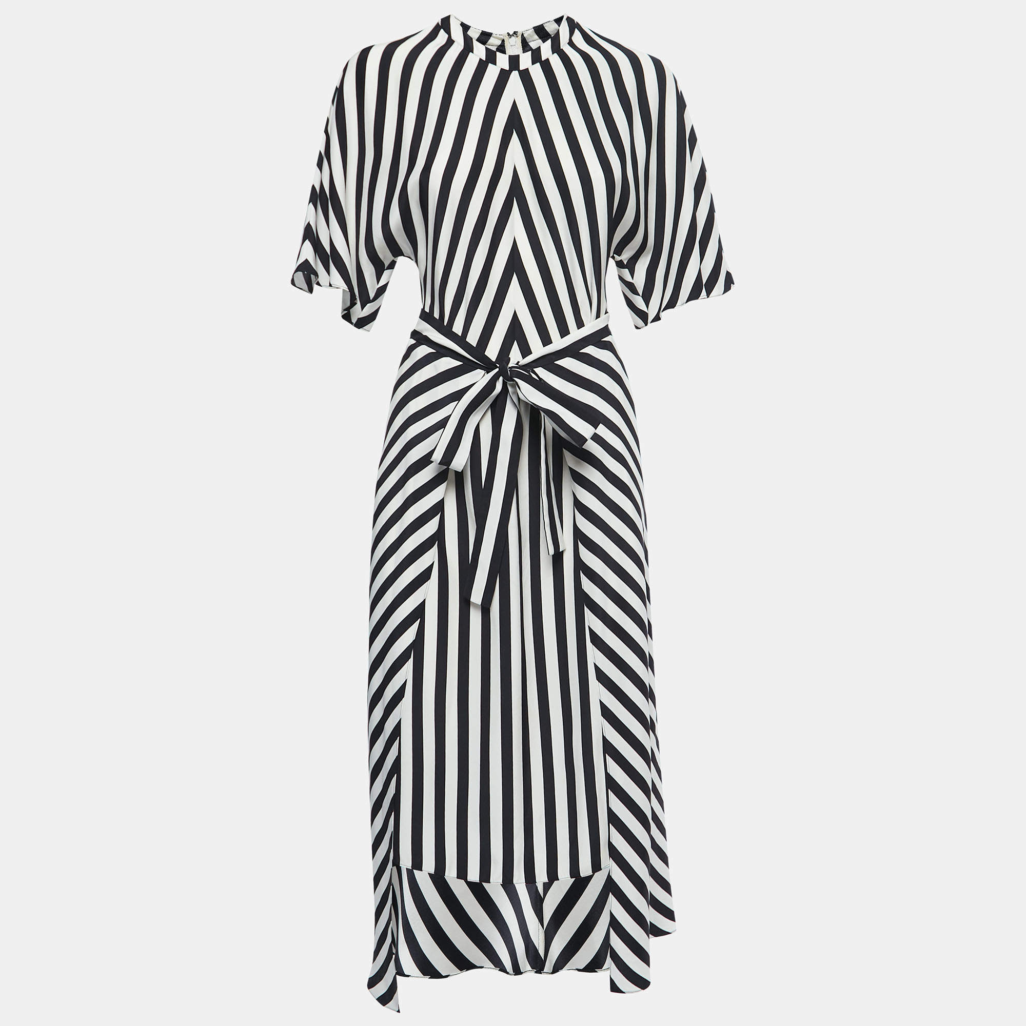 Pre Owned Stella McCartney White/Navy Blue Striped Silk Asymmetrical Midi Dress S