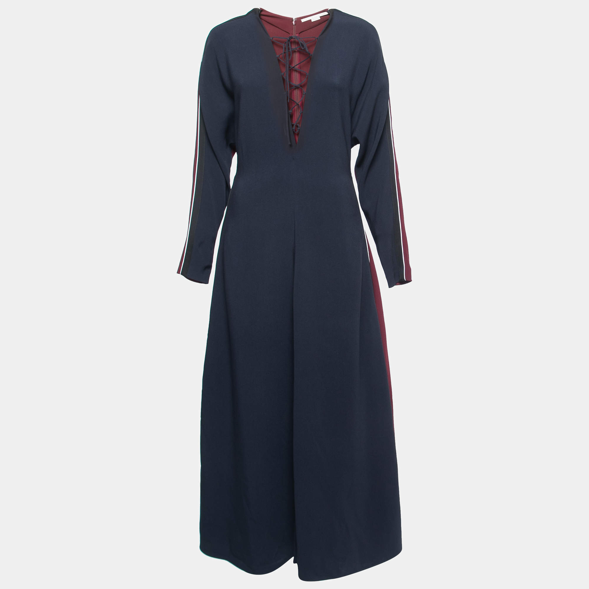 Pre Owned Stella McCartney Navy Blue/Burgundy Crepe Tie-Up Detail Long Dress S