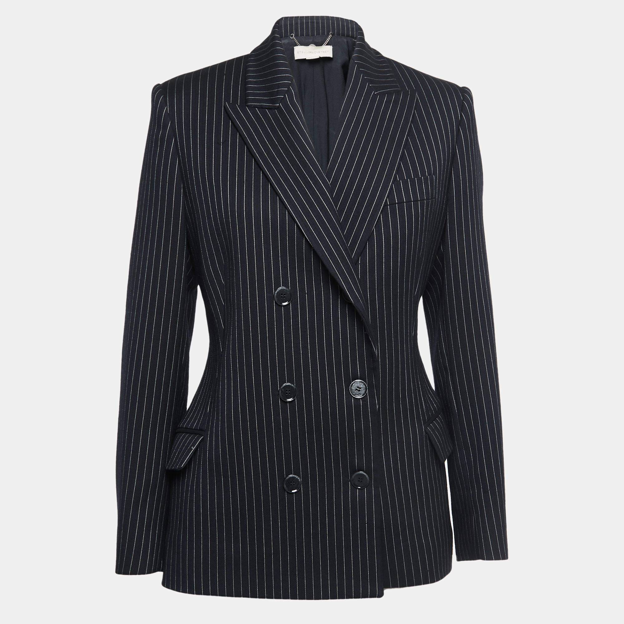 Pre Owned Stella McCartney Navy Blue/Black Striped Wool Double Breasted Blazer S
