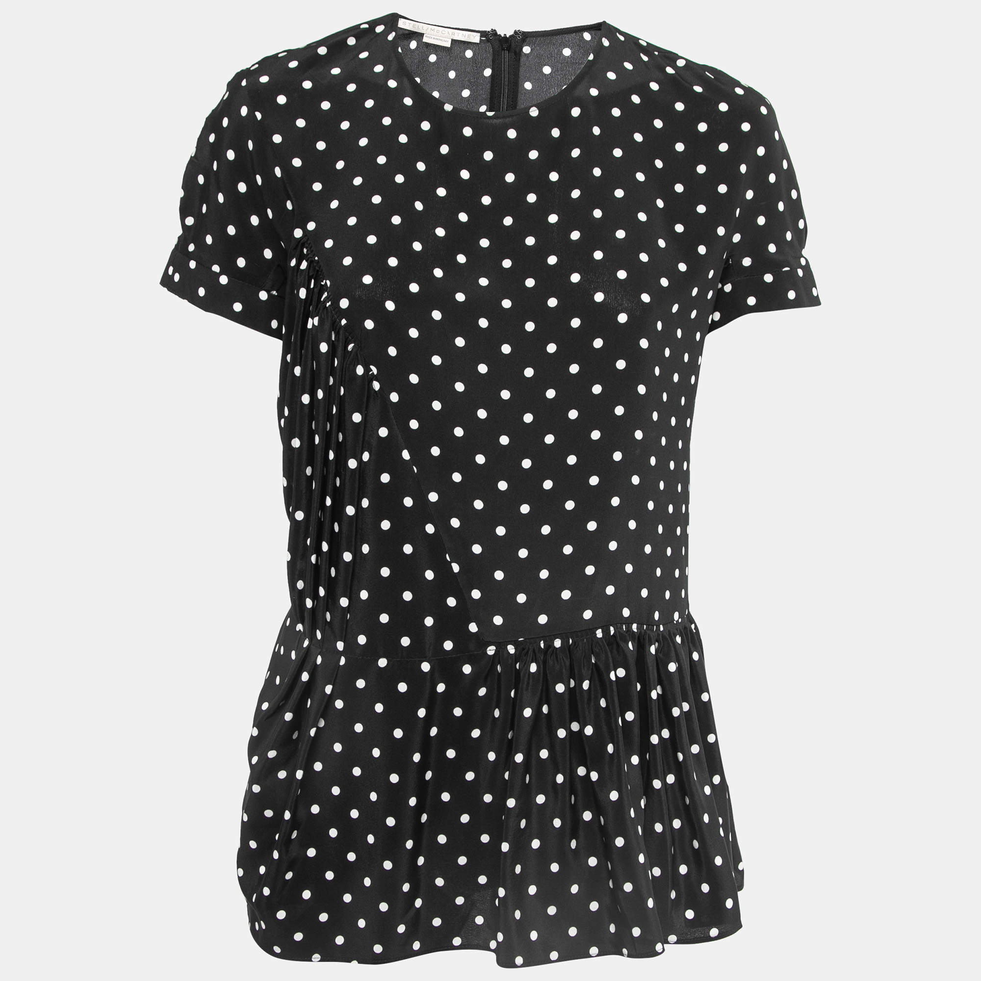 Pre Owned Stella McCartney Black Polka Dotted Silk Draped Peplum Top M