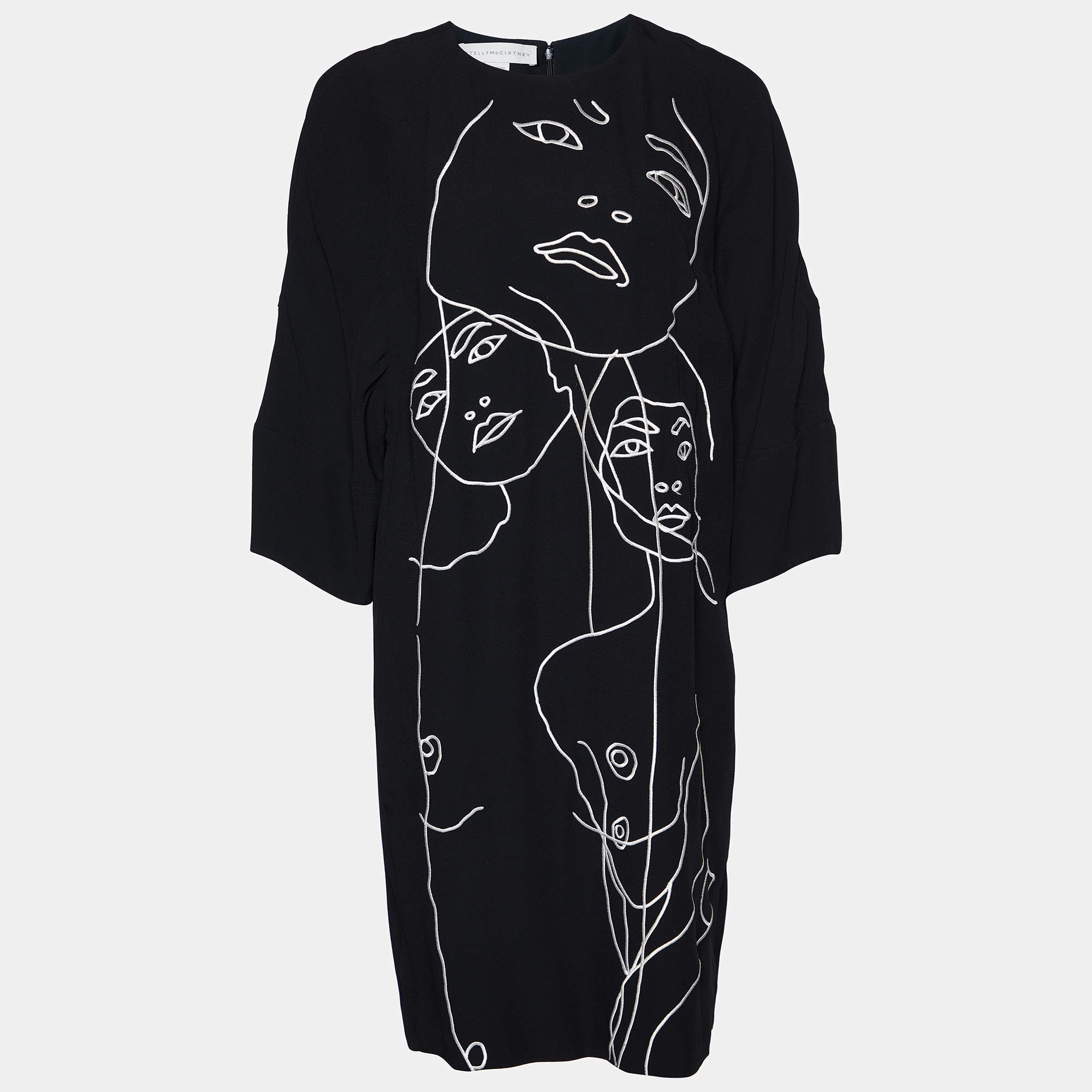Pre Owned Stella McCartney Black Faces Embroidered Crepe Shift Dress S