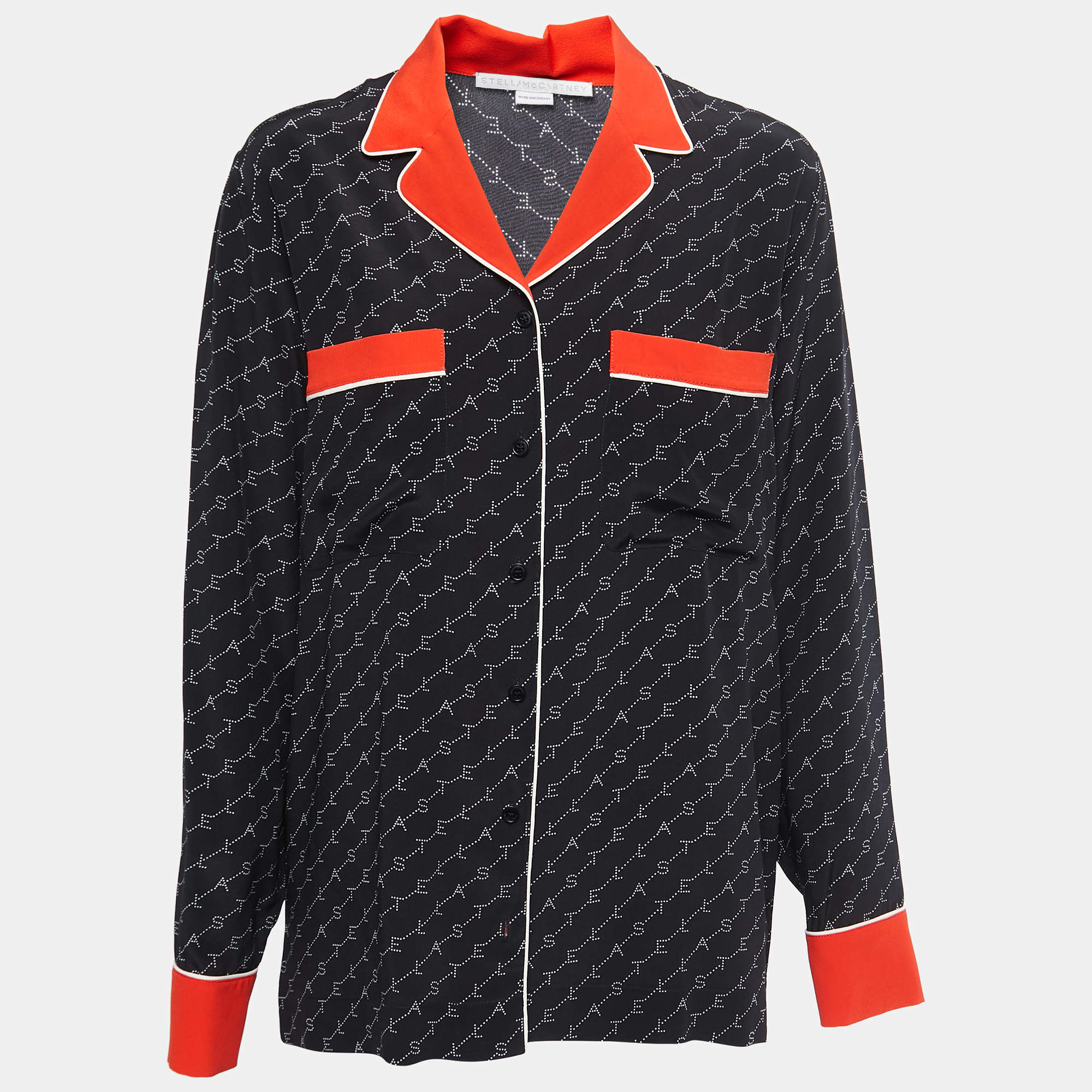 Stella McCartney Black Logo Print Silk Contrast Trim Shirt M