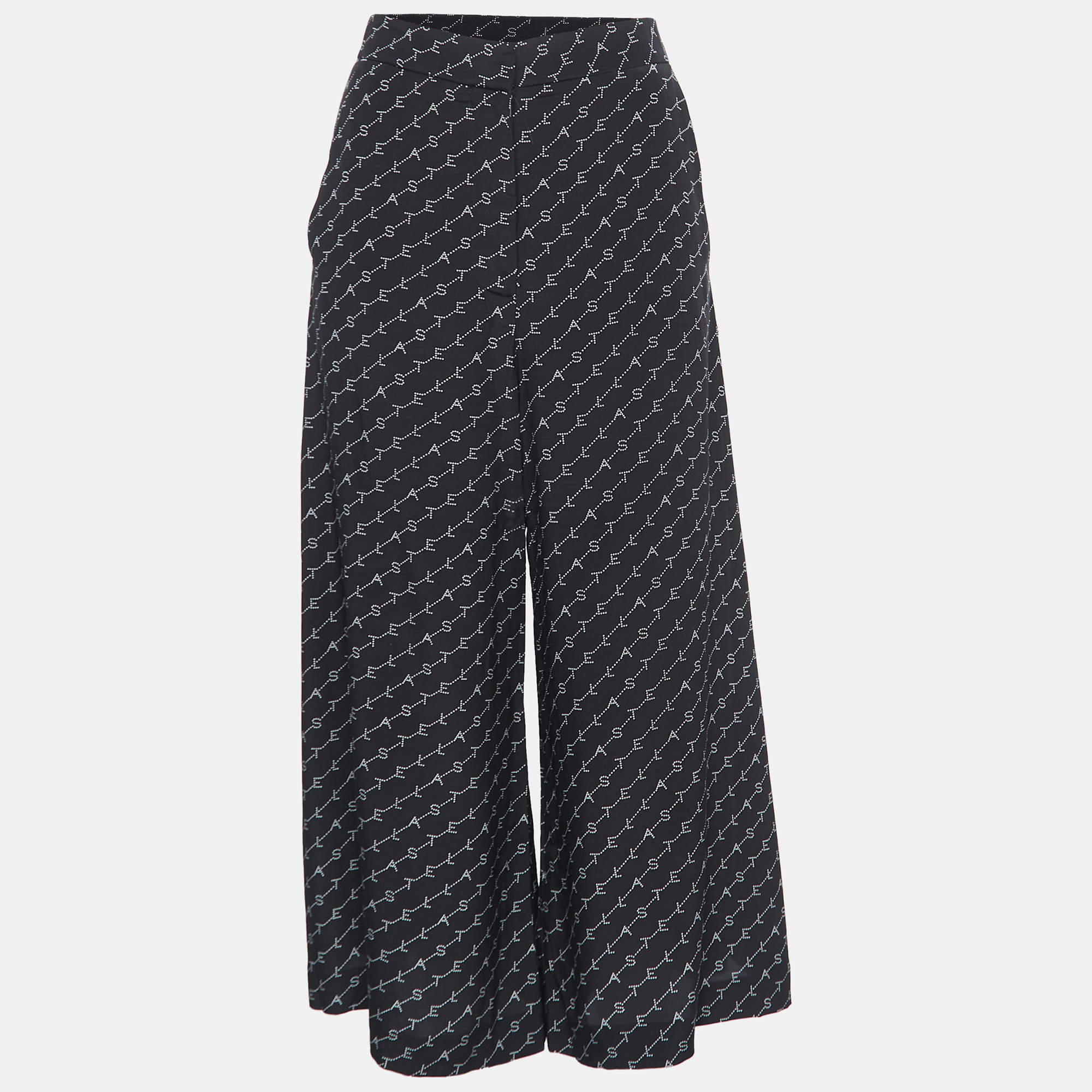 Pre Owned Stella McCartney Black Logo Print Silk Wide-Leg Pants S