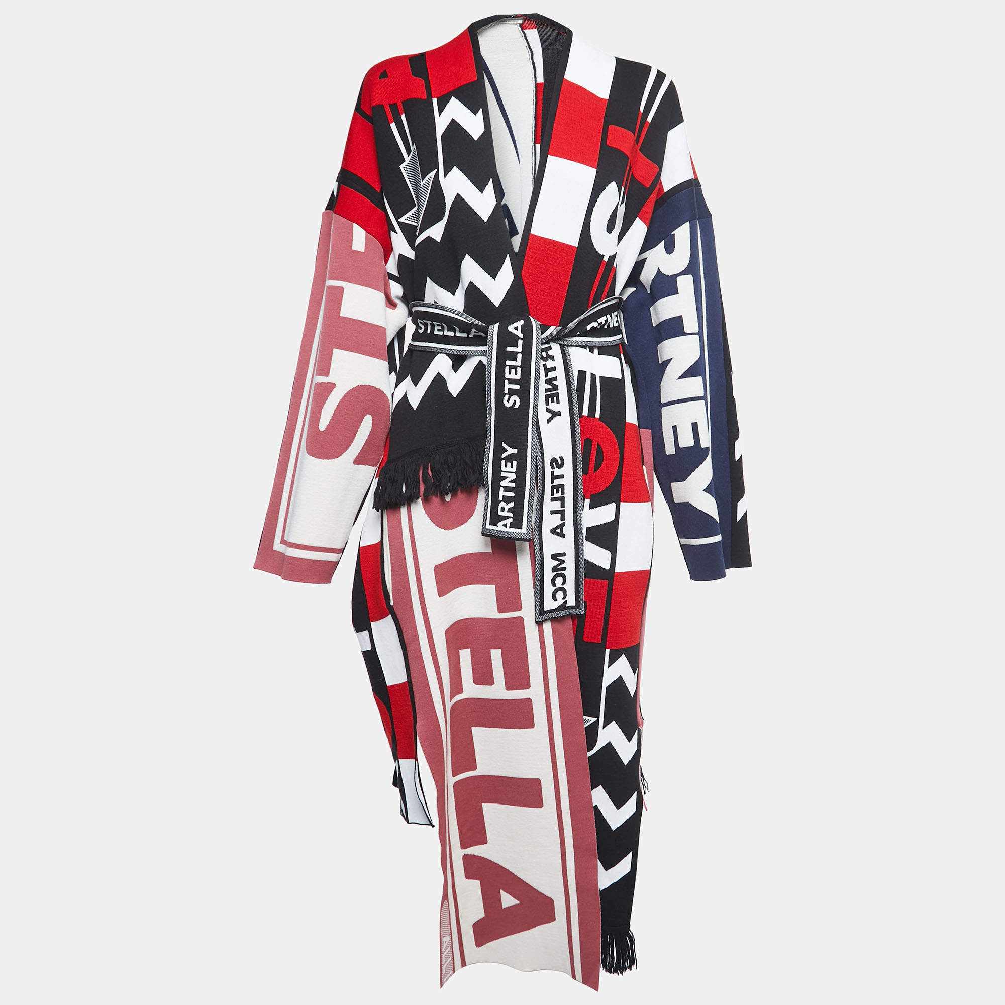 Pre Owned Stella McCartney Multicolor Patterned Wool Belted Asymmetric Long Coat S