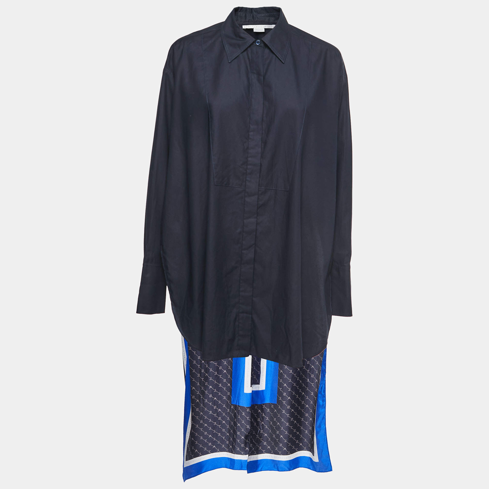 Pre Owned Stella McCartney Navy Blue Printed Silk High-Low Shirt S