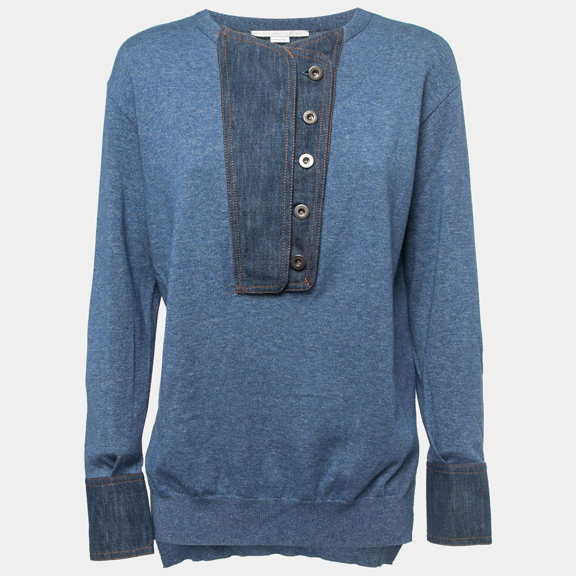 Pre Owned Stella McCartney Blue Knit Denim Placket Detail Top XS