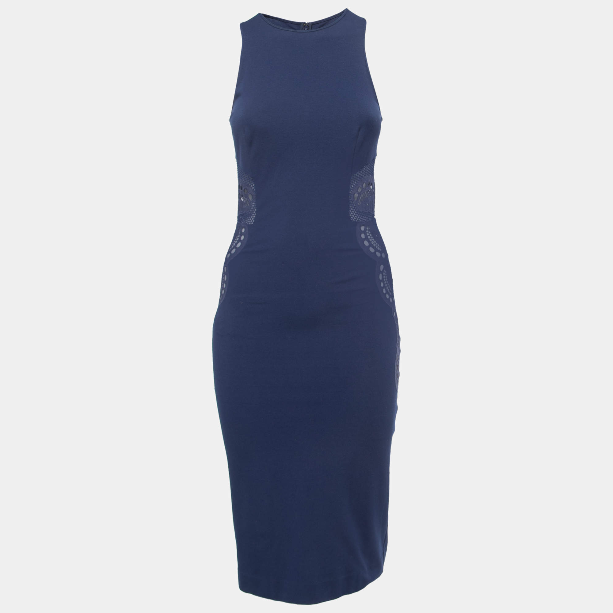 Pre Owned Stella McCartney Navy Blue Jersey Lace Applique Sleeveless Sheath Dress S
