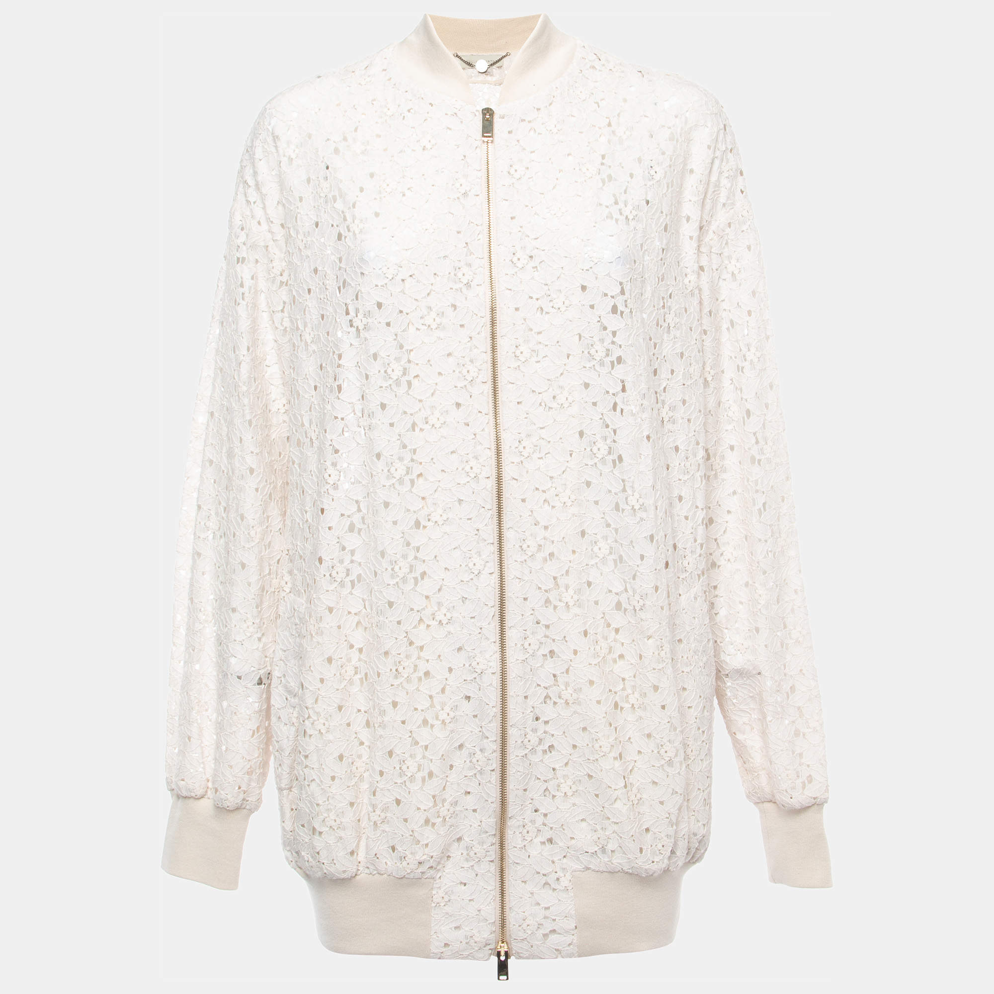 Stella McCartney Cream Embroidered Cotton Blend Corded Lace Zip Front Bomber Jacket S