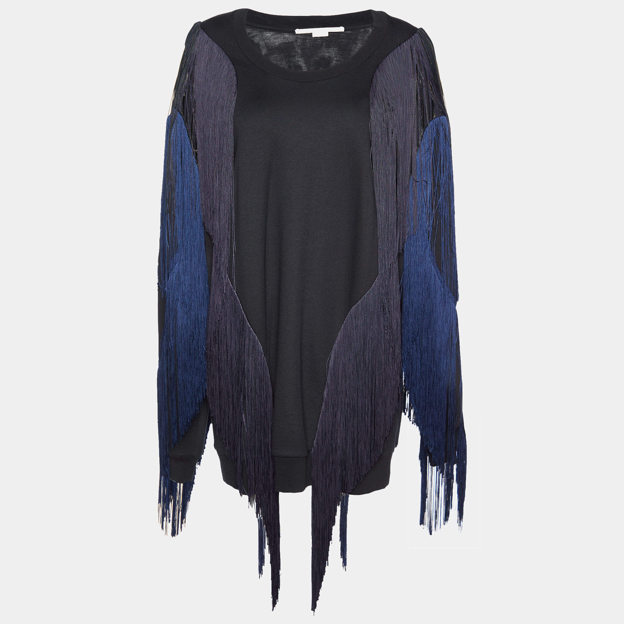 Stella McCartney Black Cotton Knit Fringed Sweater Mini Dress L