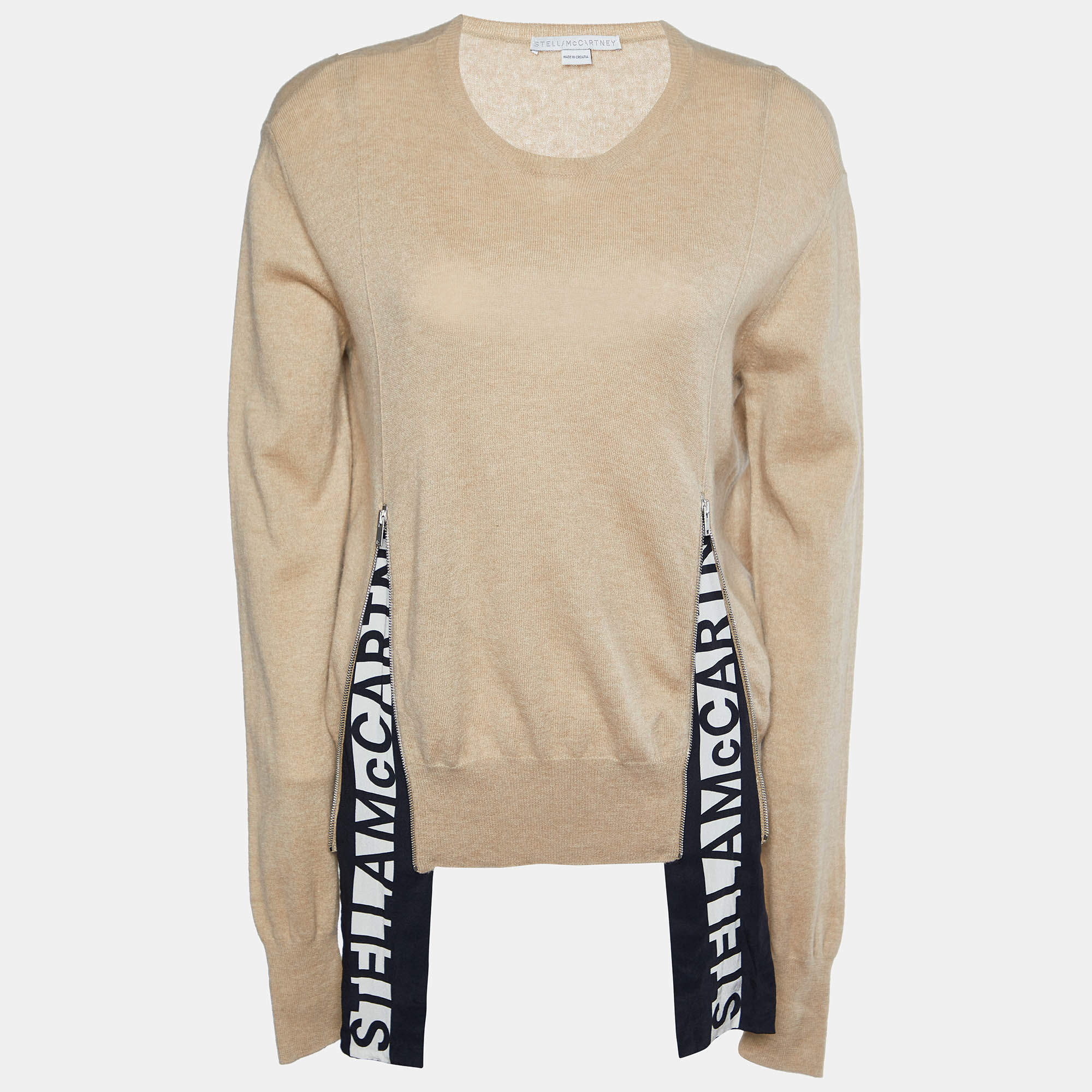 Pre Owned Stella McCartney Beige Wool Logo Printed Silk Trim Zip Detail Sweater M