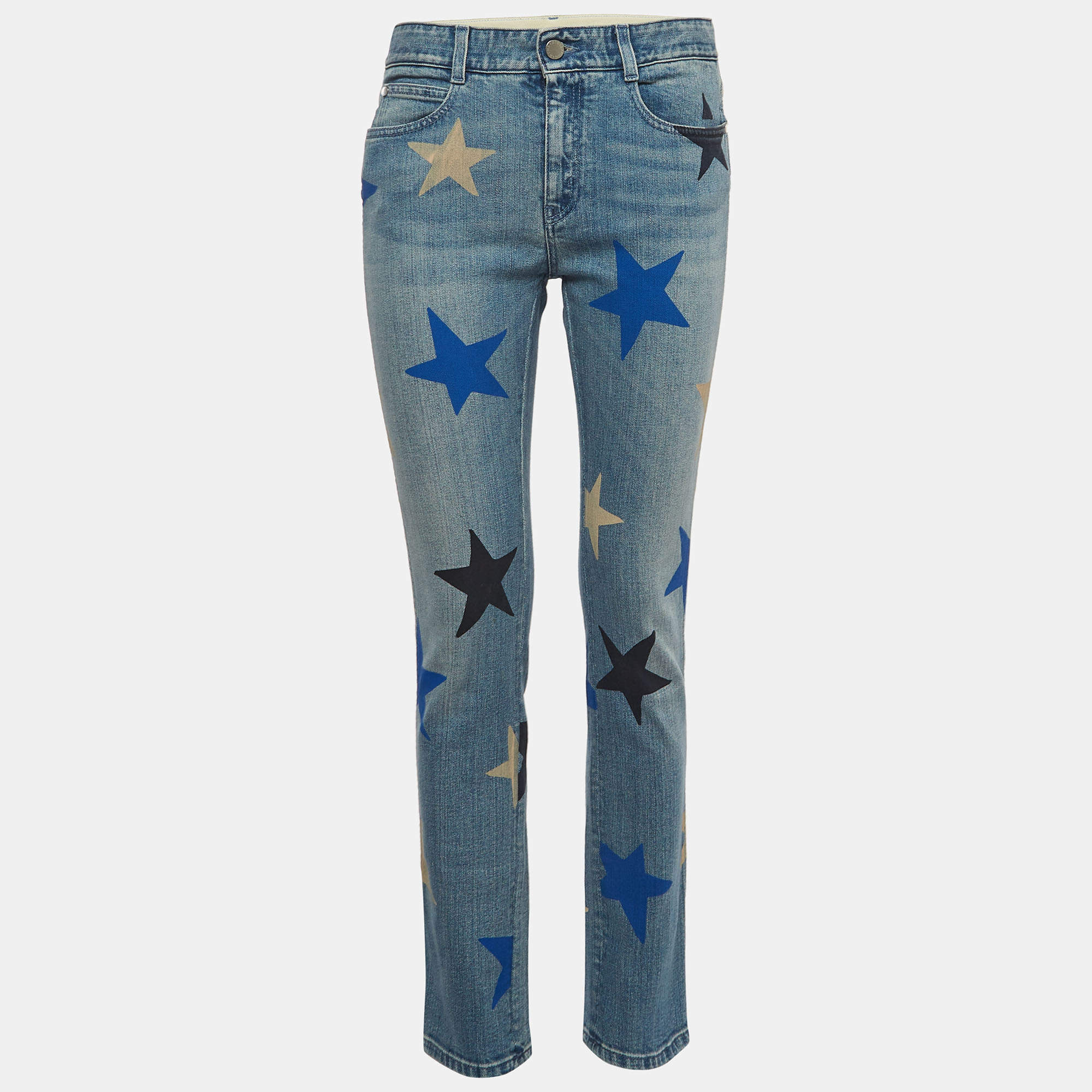 Pre Owned Stella McCartney Blue Stars Print Denim Slim Fit Jeans S Waist 26"