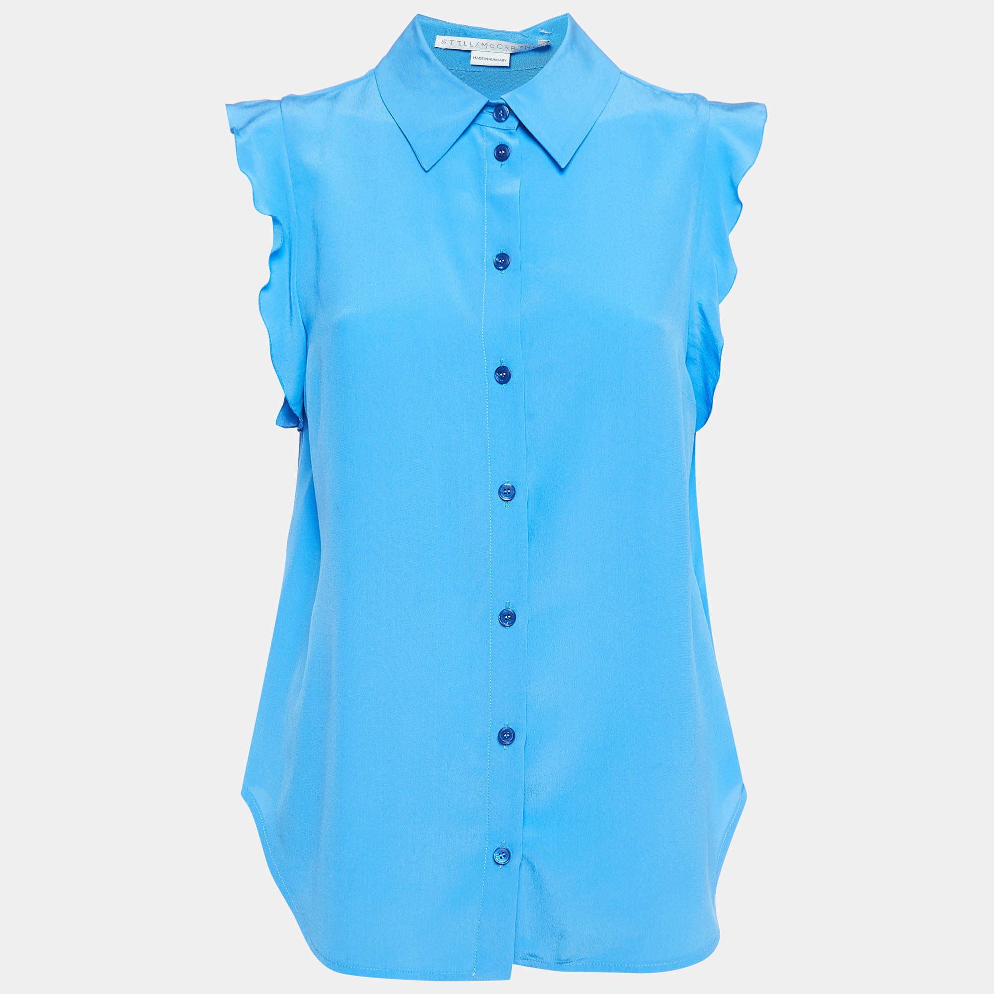 Pre Owned Stella McCartney Blue Ruffle Silk Sleeveless Shirt S