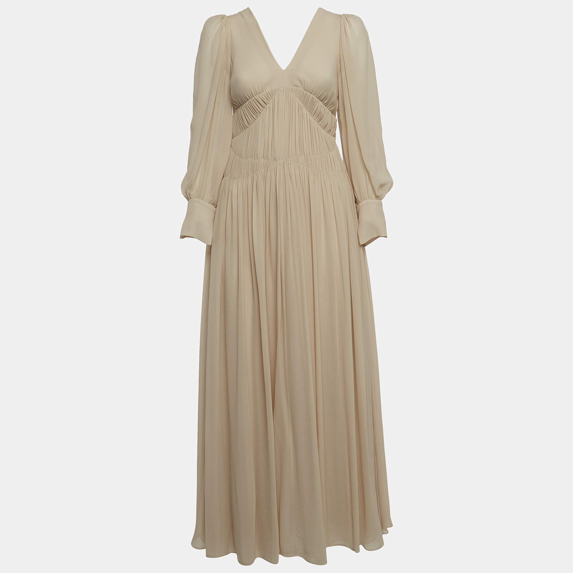 Pre Owned Stella McCartney Cream Carleigh Shirred Silk-Georgette Maxi Dress S