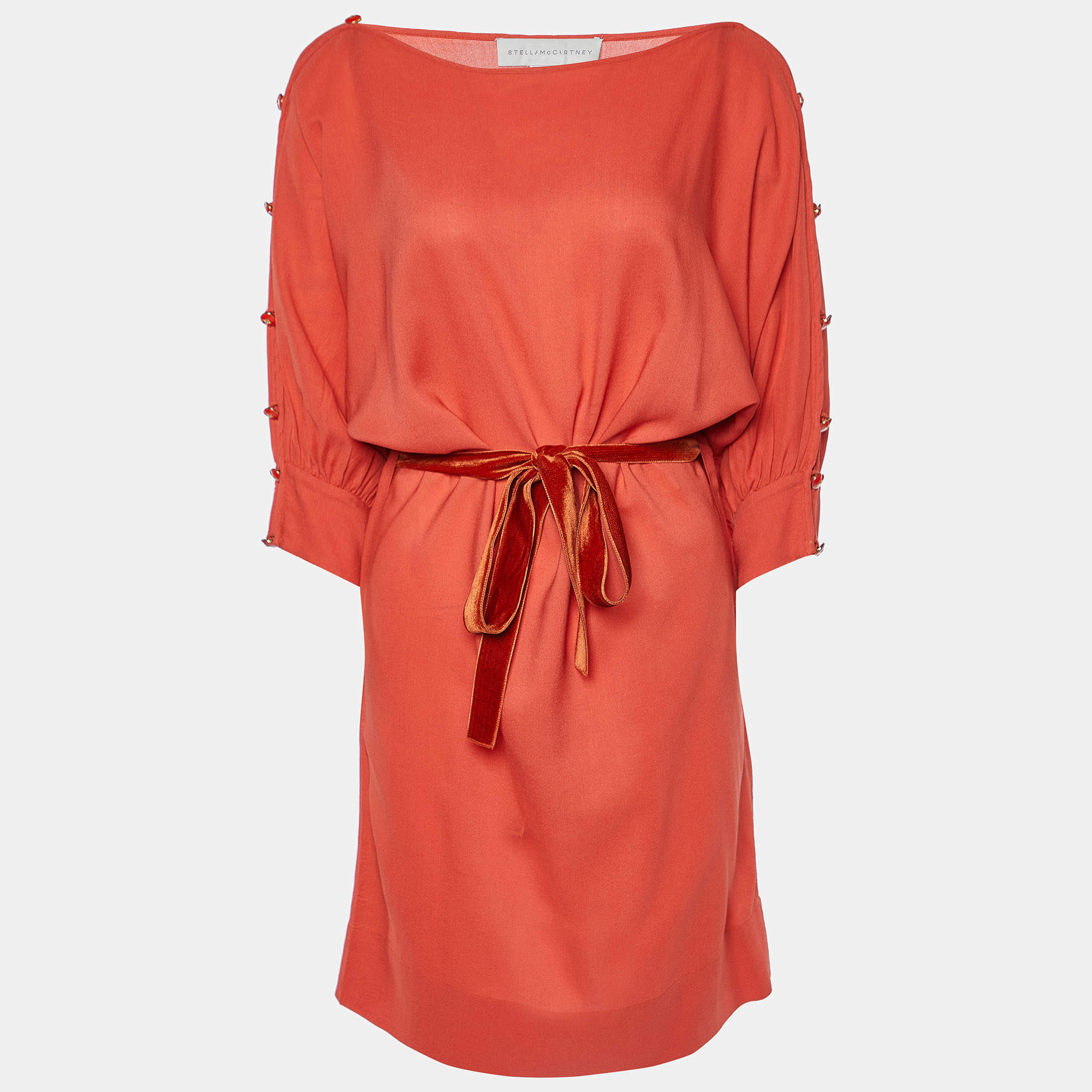 Stella McCartney Orange Silk & Wool Buttoned Sleeve Belted Dress XS