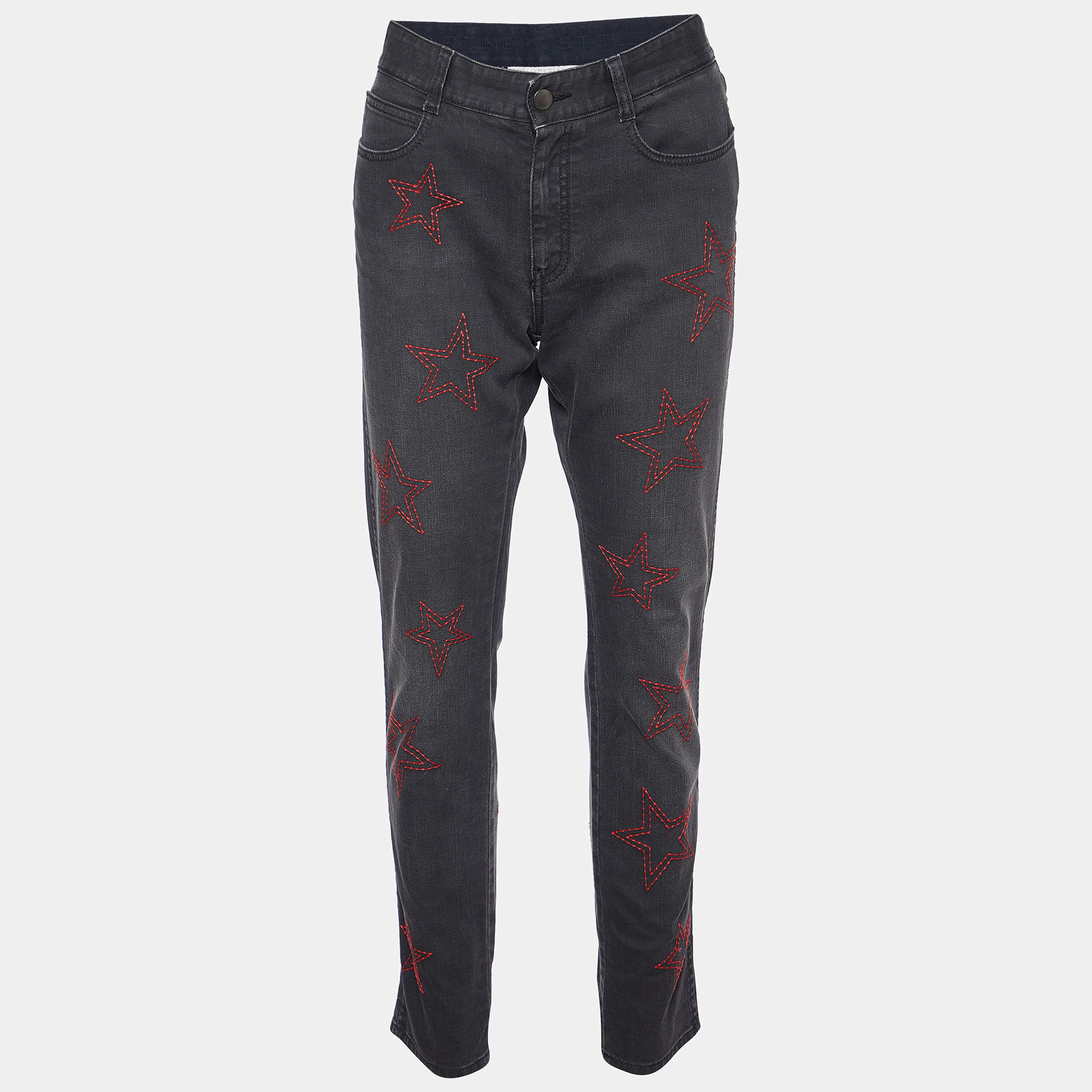 Pre Owned Stella McCartney Grey Denim Star Embroidered Slim Fit Jeans M/Waist 32"