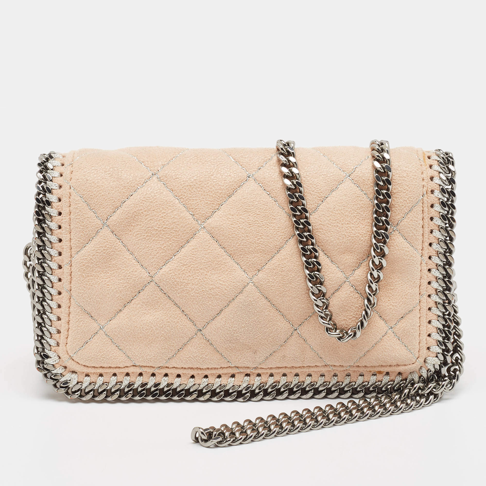 Pre Owned Stella McCartney Peach Quilted Faux Suede Falabella Flap Crossbody Bag