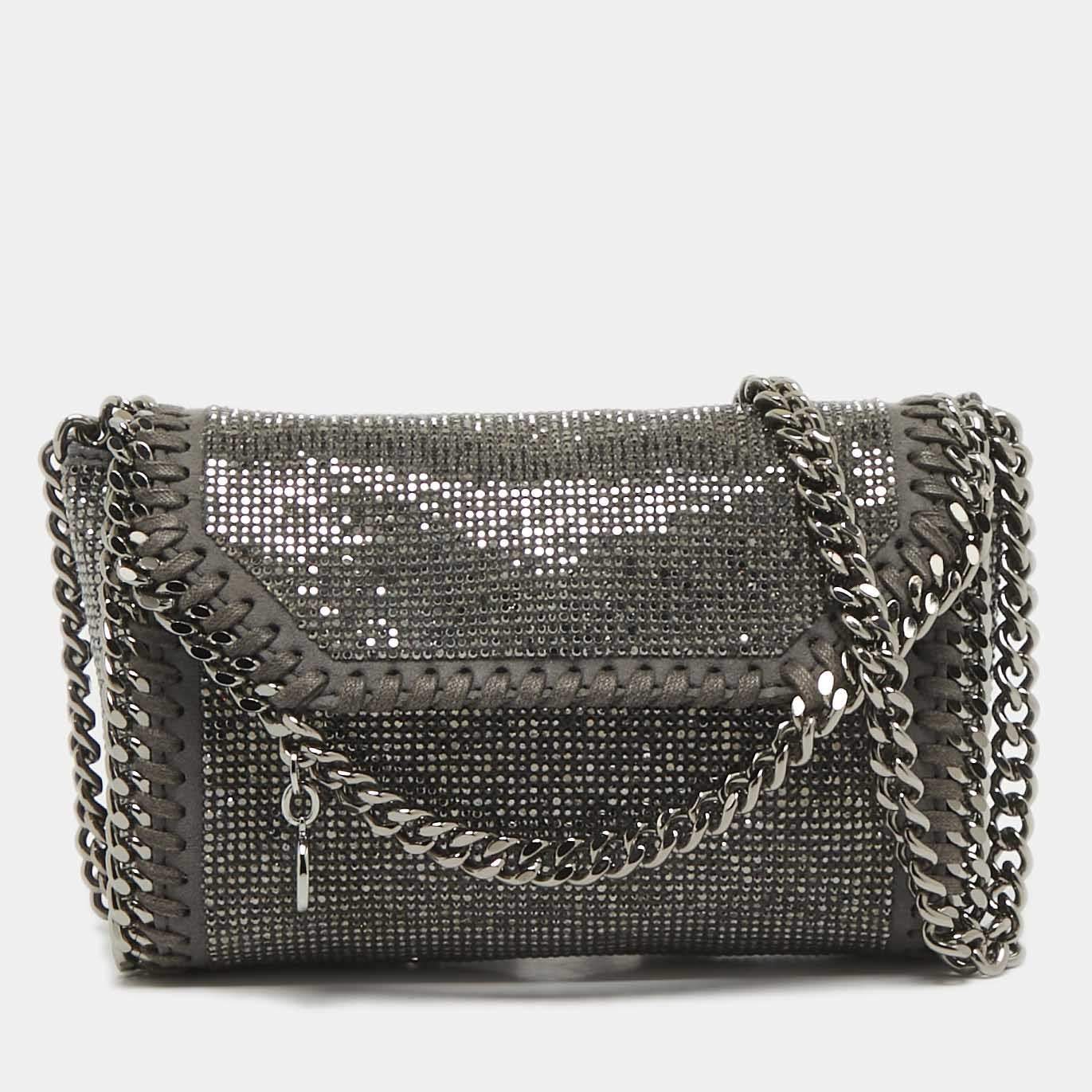 Pre Owned Stella McCartney Grey Faux Suede Micro Falabella Crystals Flap Crossbody Bag