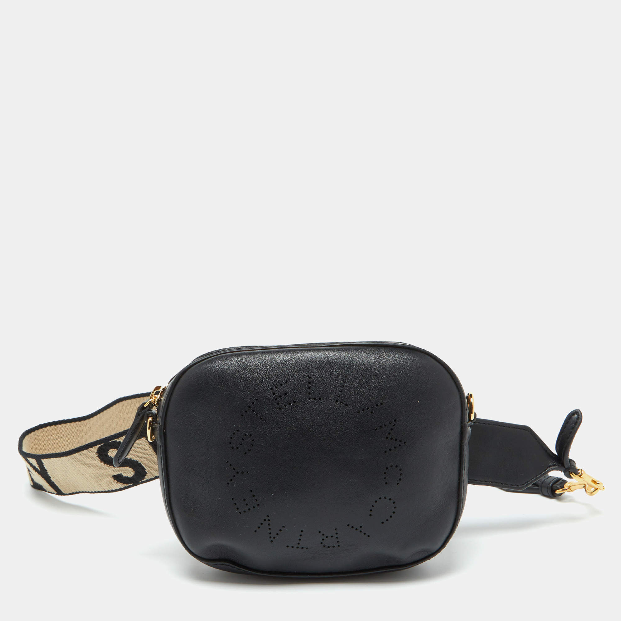 Stella McCartney Black Faux Leather Perforated Logo Belt Bag