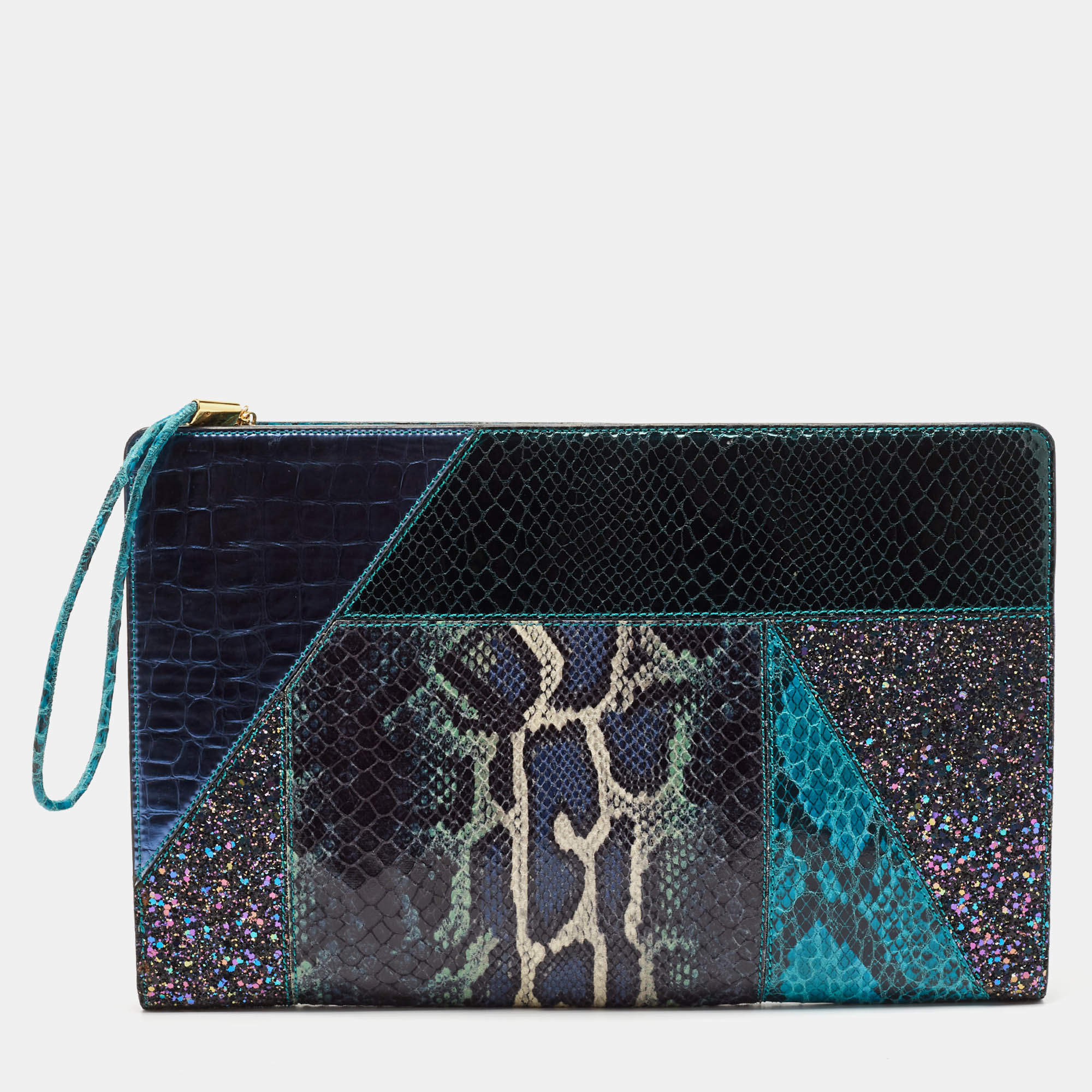 Stella McCartney Multicolor Faux Croc and Python Embossed Leather and Glitter Loretta Waverly Clutch