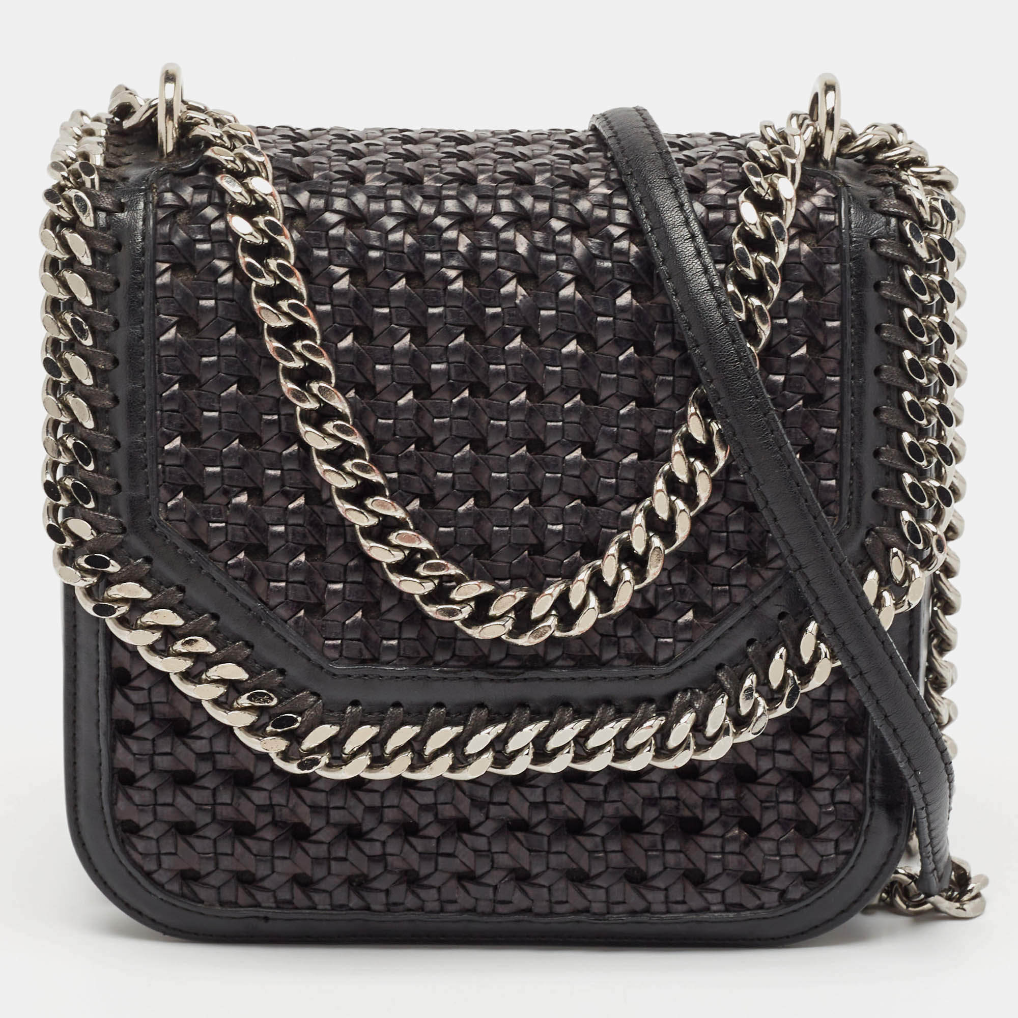 Pre Owned Stella McCartney Black Woven Faux Leather Falabella Box Shoulder Bag