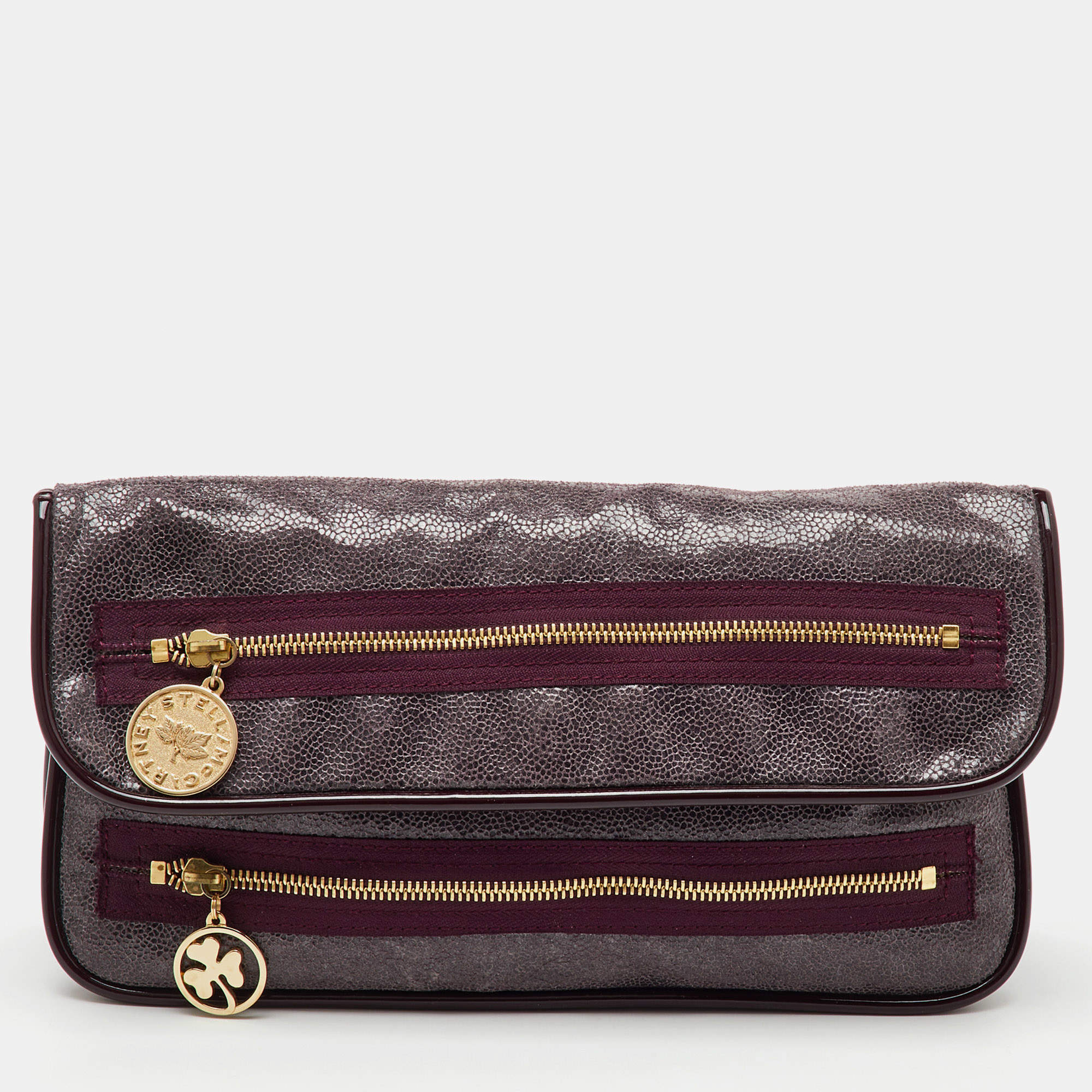 Stella McCartney Burgundy Faux Leather Zipper Detail Fold Over Clutch