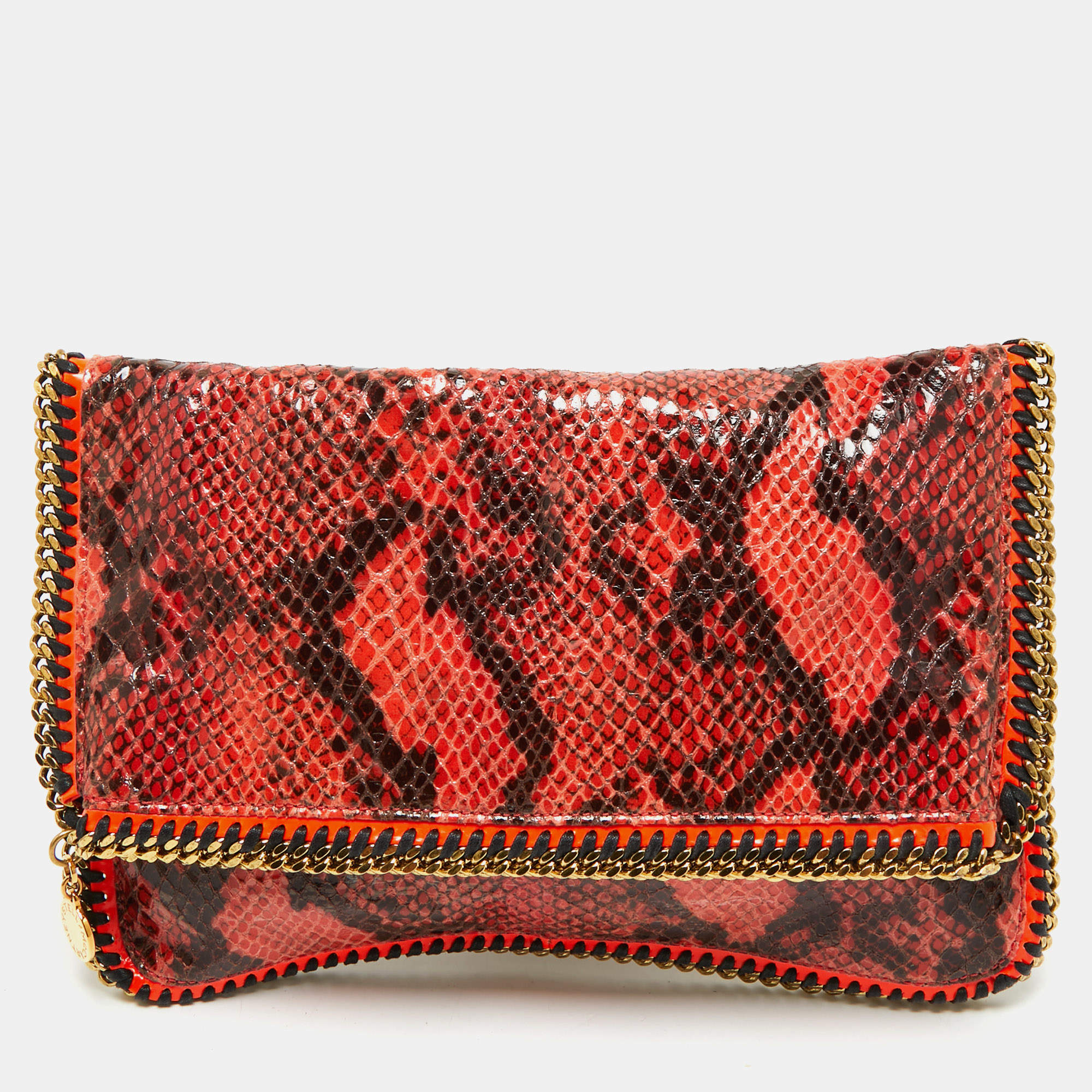 Pre Owned Stella McCartney Orange/Brown Faux Python Leather Falabella Fold-Over Clutch